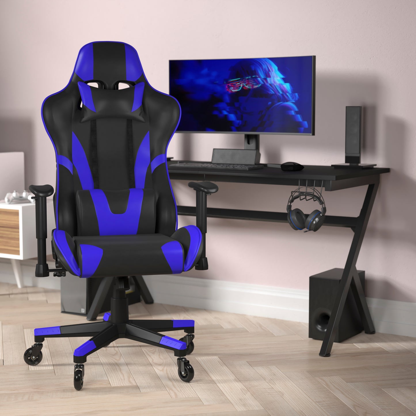 X20 Gaming Chair Racing Office Computer PC Adjustable Chair with Reclining Back and Transparent Roller Wheels in Blue LeatherSoft Blue CH-187230-1-BL-RLB-GG