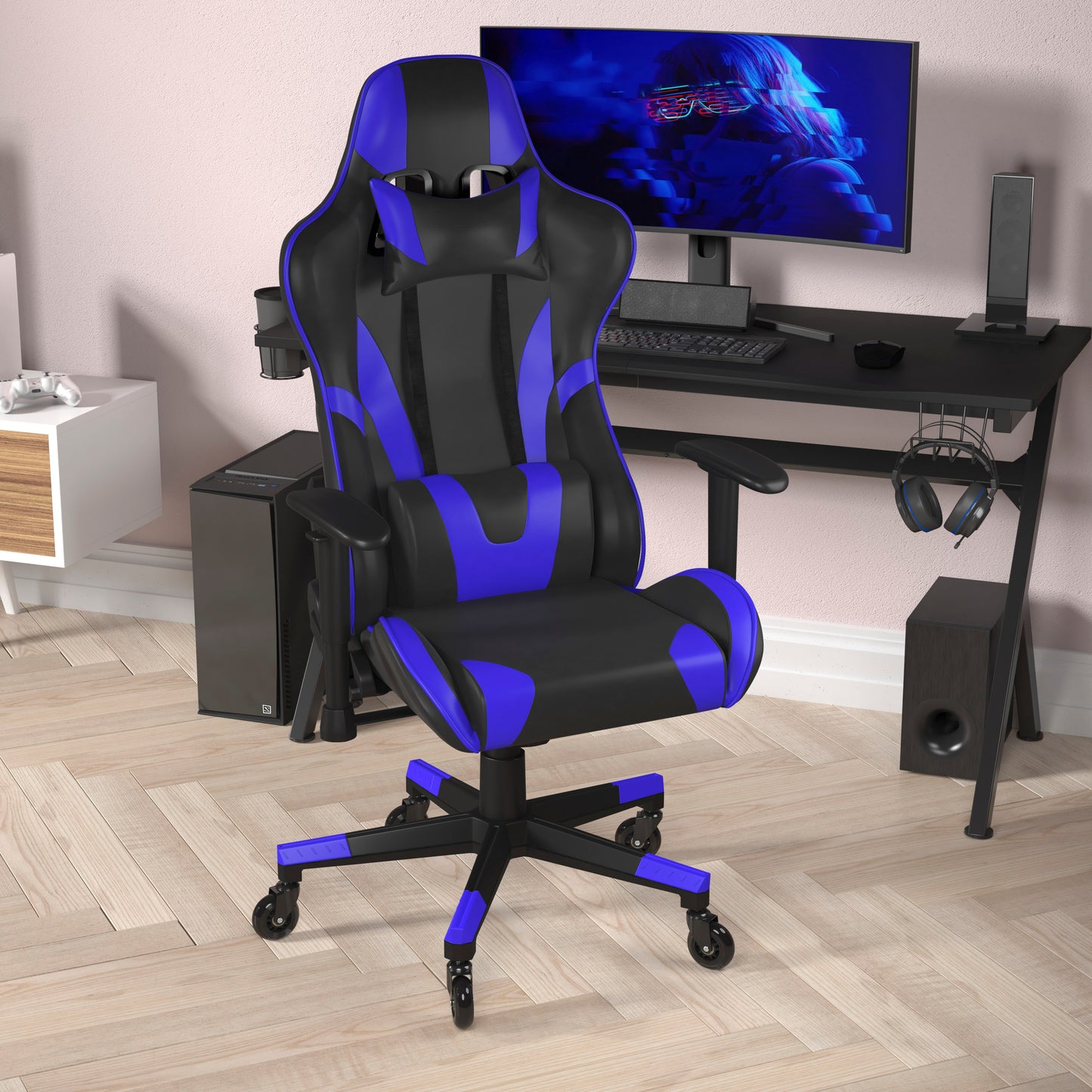 X20 Gaming Chair Racing Office Computer PC Adjustable Chair with Reclining Back and Transparent Roller Wheels in Blue LeatherSoft Blue CH-187230-1-BL-RLB-GG