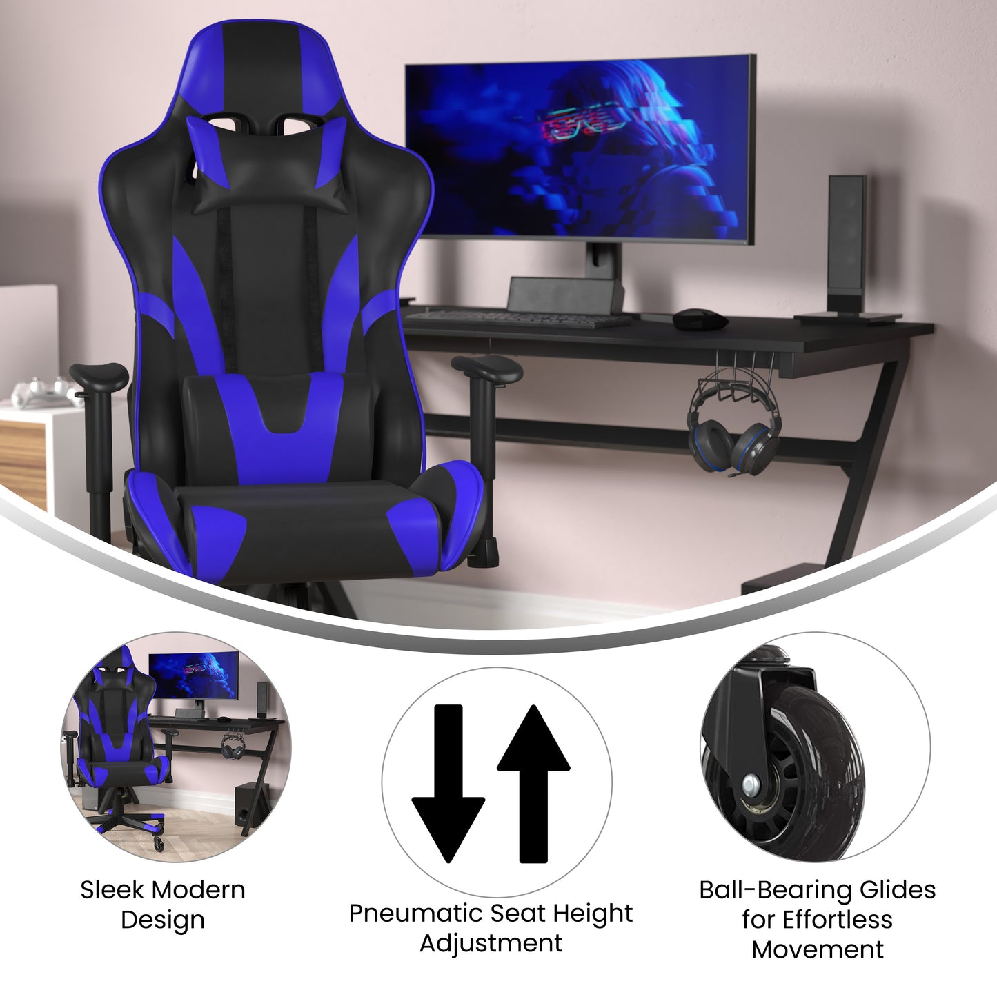 X20 Gaming Chair Racing Office Computer PC Adjustable Chair with Reclining Back and Transparent Roller Wheels in Blue LeatherSoft Blue CH-187230-1-BL-RLB-GG
