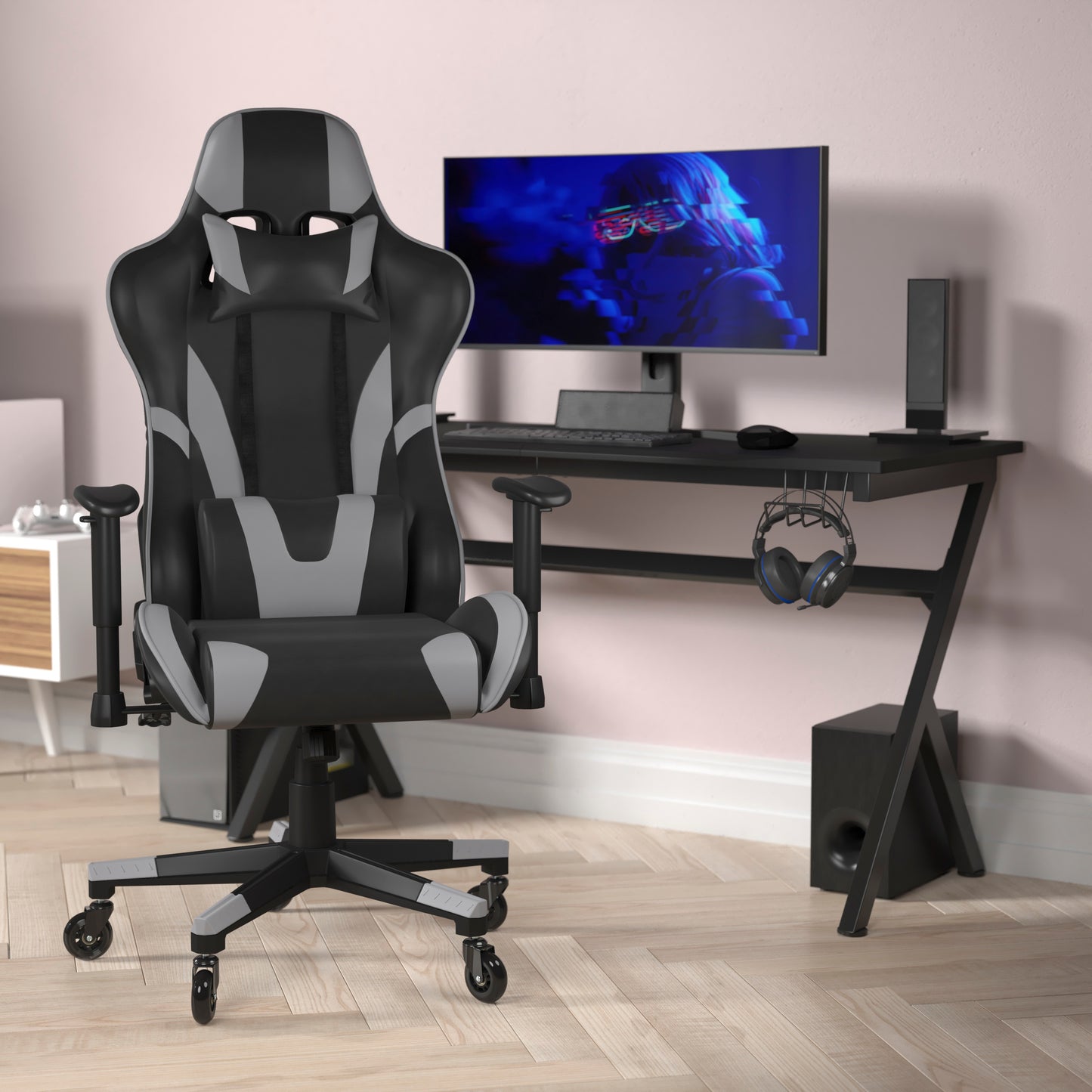 X20 Gaming Chair Racing Office Computer PC Adjustable Chair with Reclining Back and Transparent Roller Wheels in Gray LeatherSoft Gray