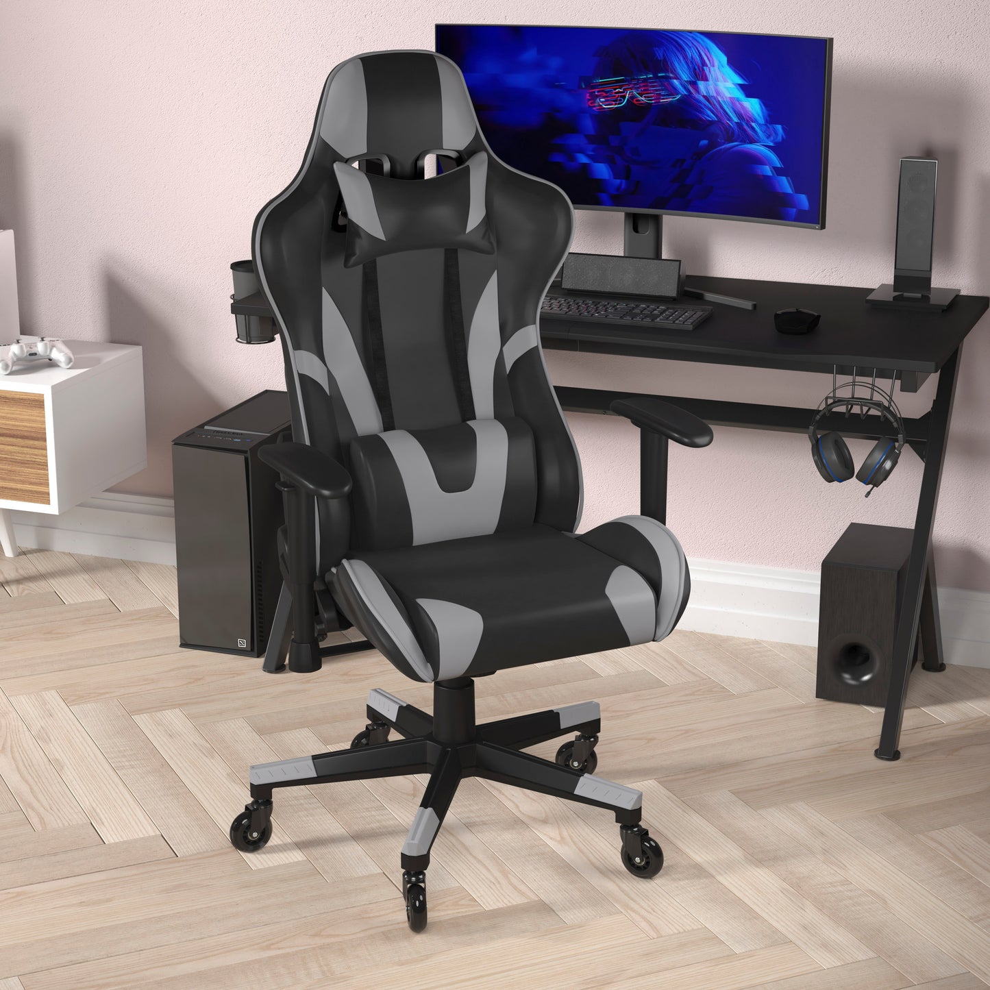 X20 Gaming Chair Racing Office Computer PC Adjustable Chair with Reclining Back and Transparent Roller Wheels in Gray LeatherSoft Gray