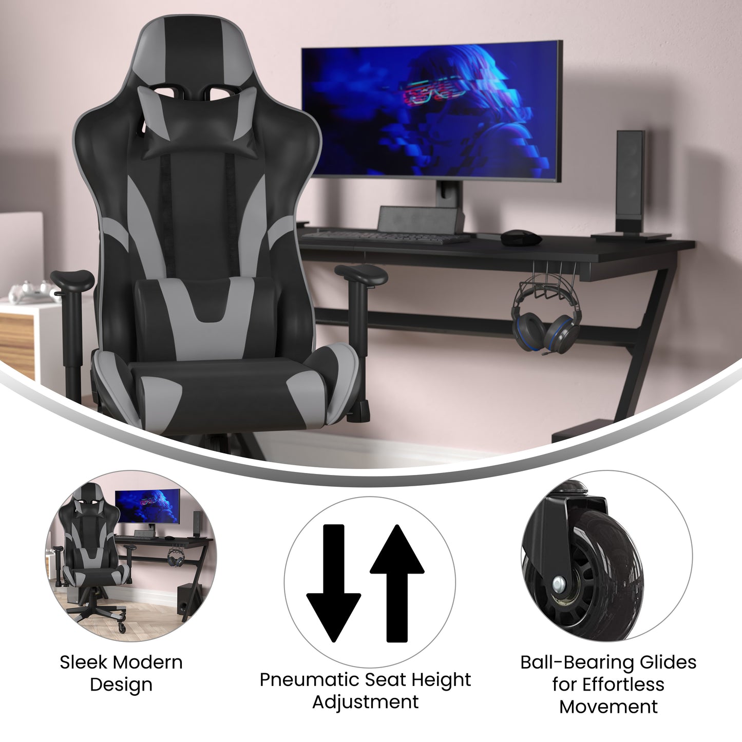 X20 Gaming Chair Racing Office Computer PC Adjustable Chair with Reclining Back and Transparent Roller Wheels in Gray LeatherSoft Gray
