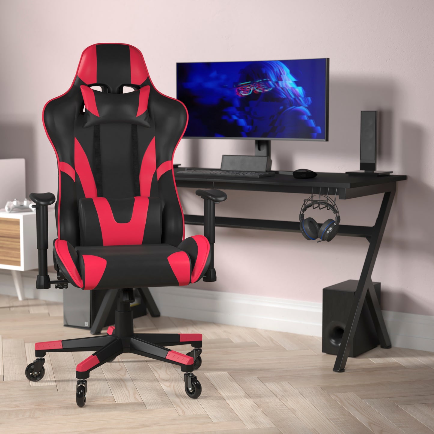 X20 Gaming Chair Racing Office Computer PC Adjustable Chair with Reclining Back and Transparent Roller Wheels in Red LeatherSoft Red