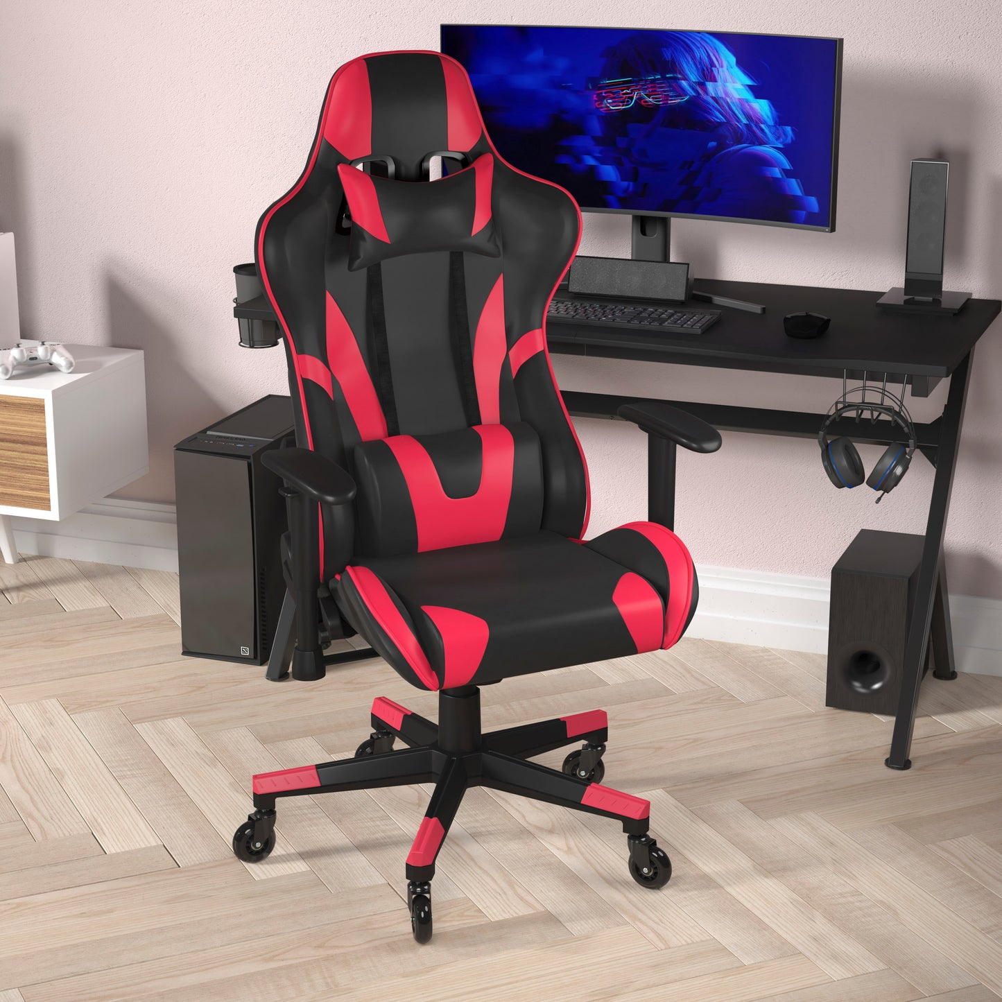 X20 Gaming Chair Racing Office Computer PC Adjustable Chair with Reclining Back and Transparent Roller Wheels in Red LeatherSoft Red