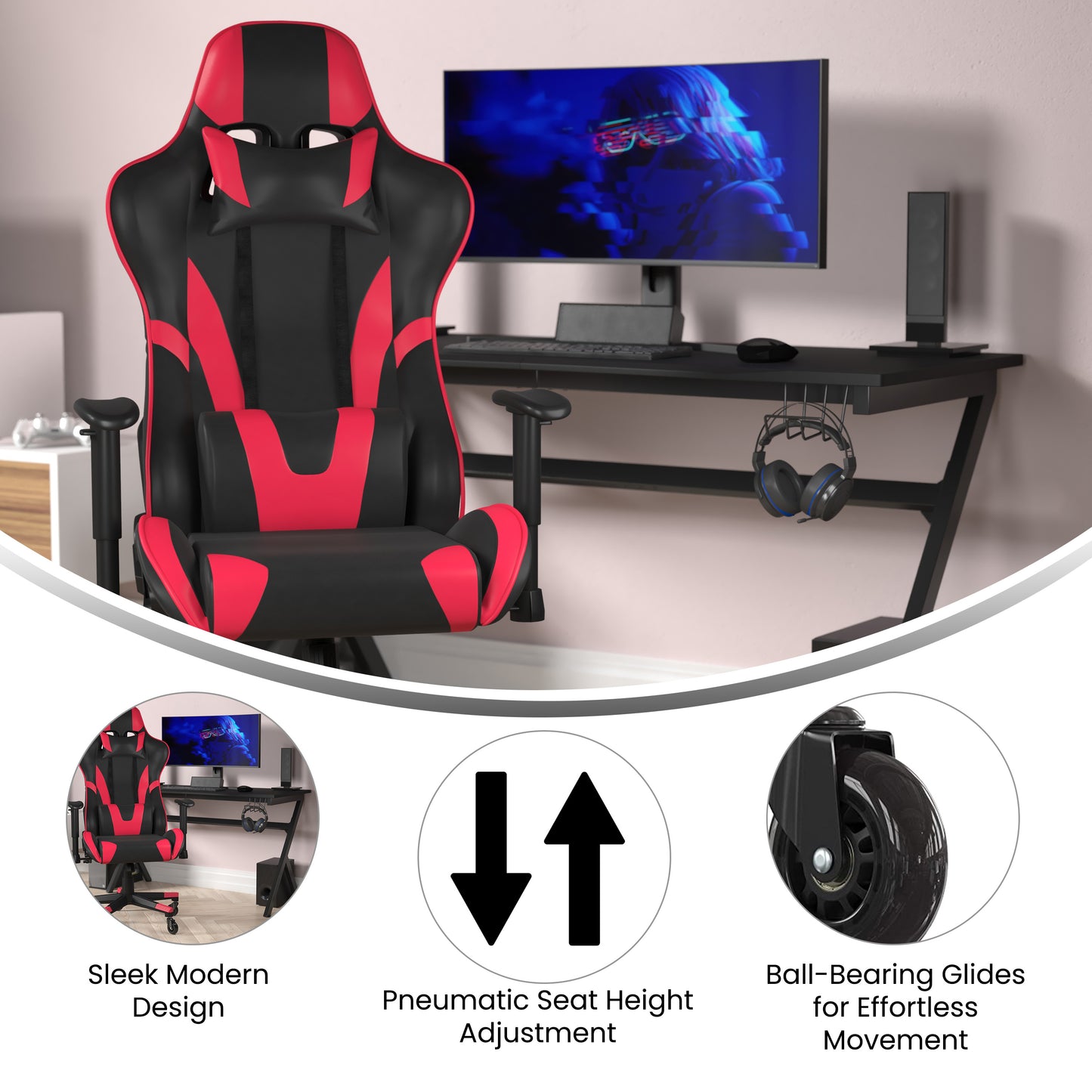 X20 Gaming Chair Racing Office Computer PC Adjustable Chair with Reclining Back and Transparent Roller Wheels in Red LeatherSoft Red