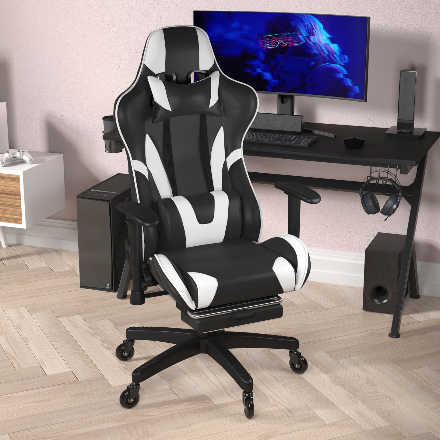 X30 Gaming Chair Racing Computer Chair with Reclining Back, Slide-Out Footrest, and Transparent Roller Wheels in Black LeatherSoft Black