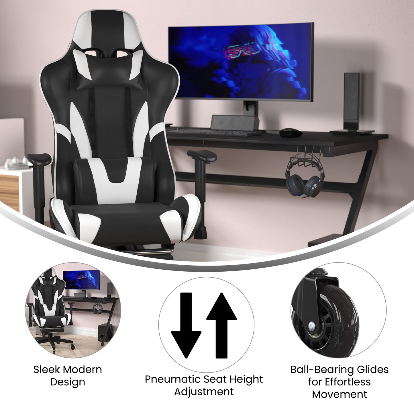 X30 Gaming Chair Racing Computer Chair with Reclining Back, Slide-Out Footrest, and Transparent Roller Wheels in Black LeatherSoft Black