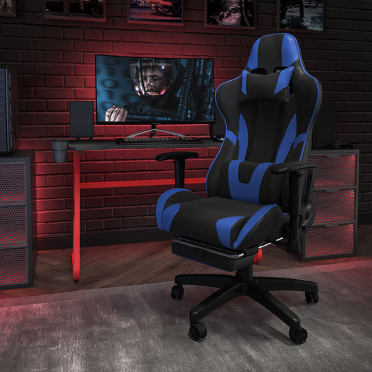 X30 Gaming Chair Racing Office Ergonomic Computer Chair with Reclining Back and Slide-Out Footrest in Blue LeatherSoft Blue CH-187230-BL-GG