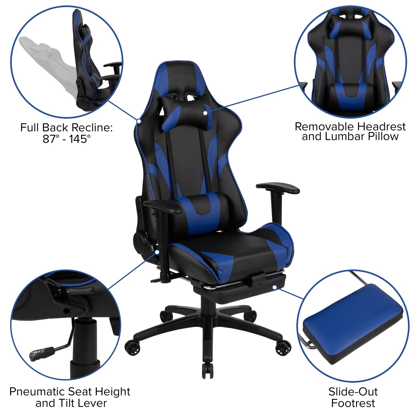 X30 Gaming Chair Racing Office Ergonomic Computer Chair with Reclining Back and Slide-Out Footrest in Blue LeatherSoft Blue