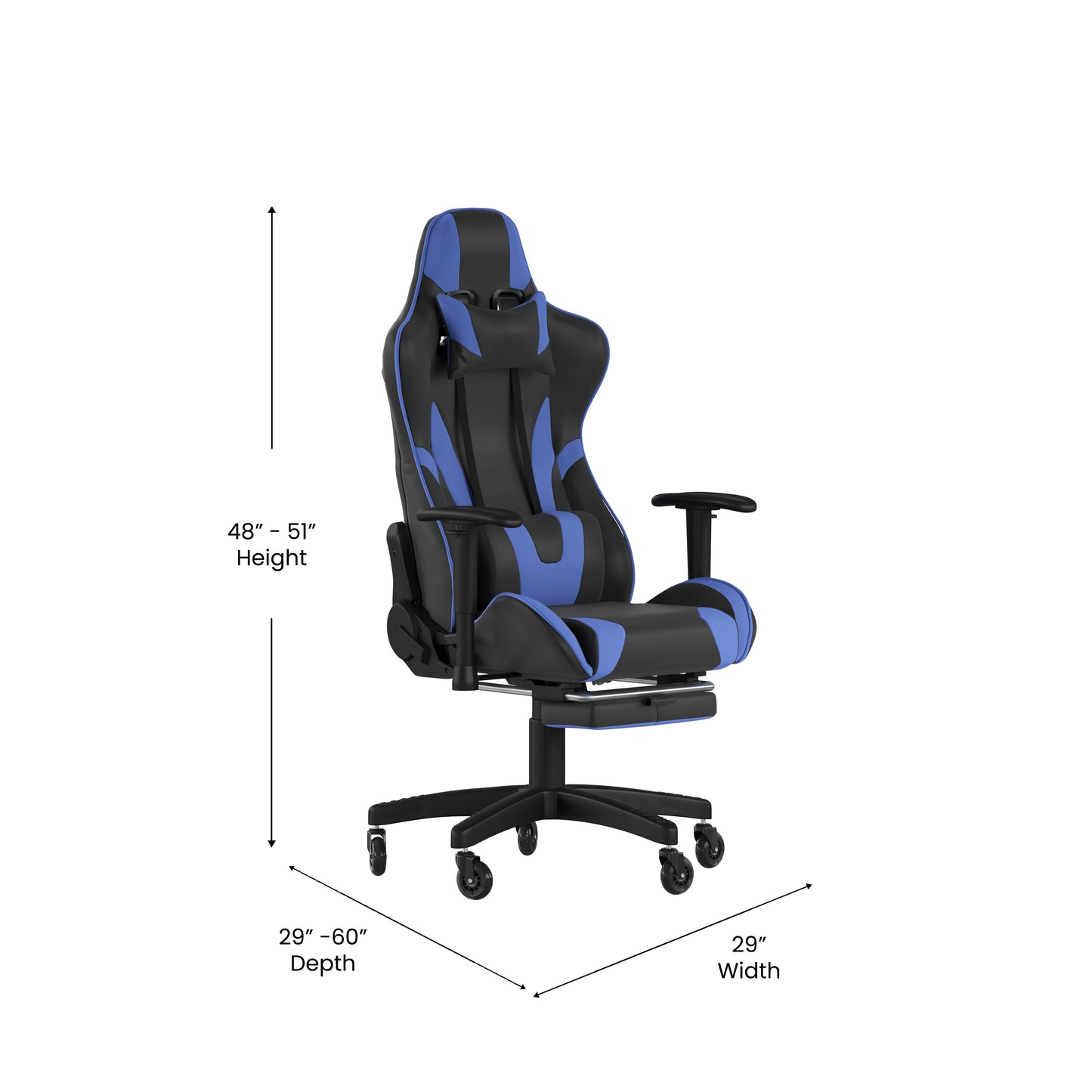 X30 Gaming Chair Racing Computer Chair with Reclining Back, Slide-Out Footrest, and Transparent Roller Wheels in Blue LeatherSoft Blue