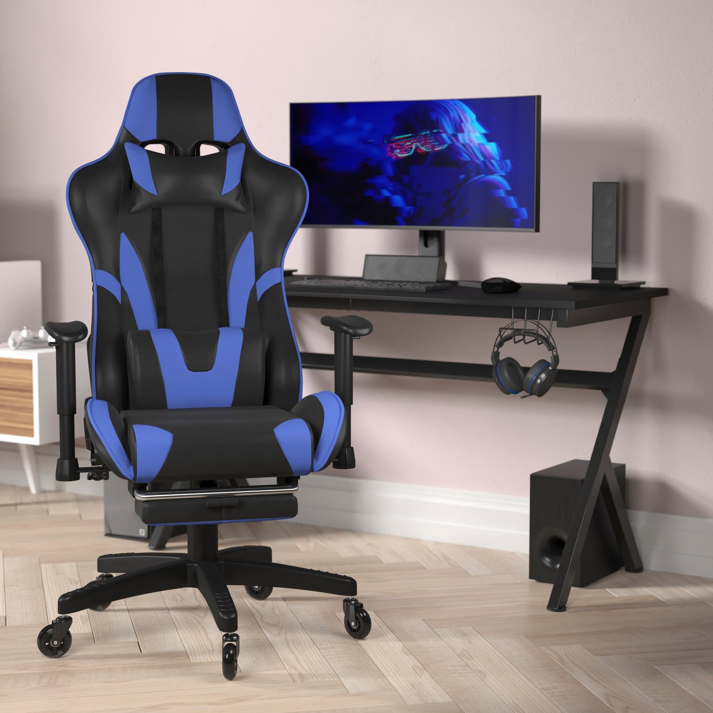 X30 Gaming Chair Racing Computer Chair with Reclining Back, Slide-Out Footrest, and Transparent Roller Wheels in Blue LeatherSoft Blue