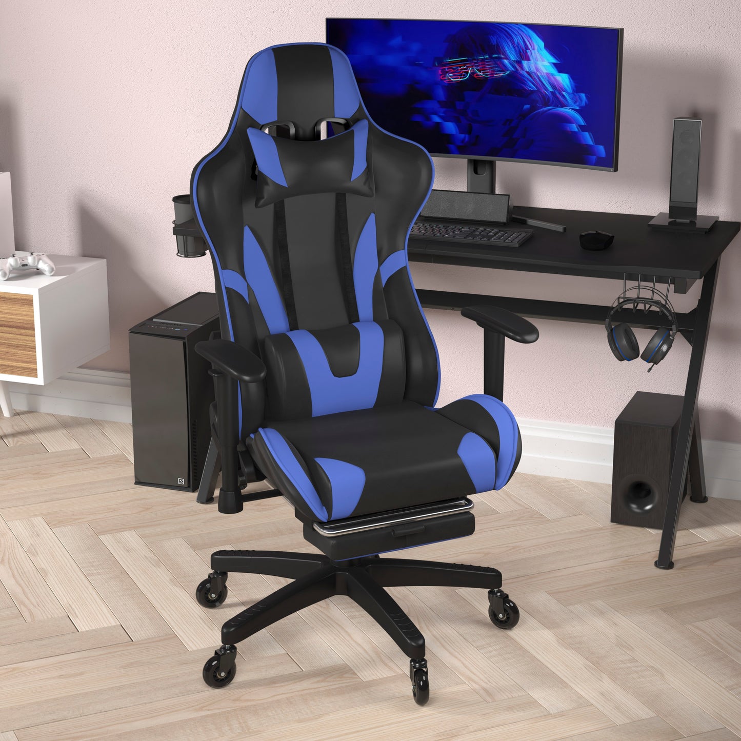 X30 Gaming Chair Racing Computer Chair with Reclining Back, Slide-Out Footrest, and Transparent Roller Wheels in Blue LeatherSoft Blue