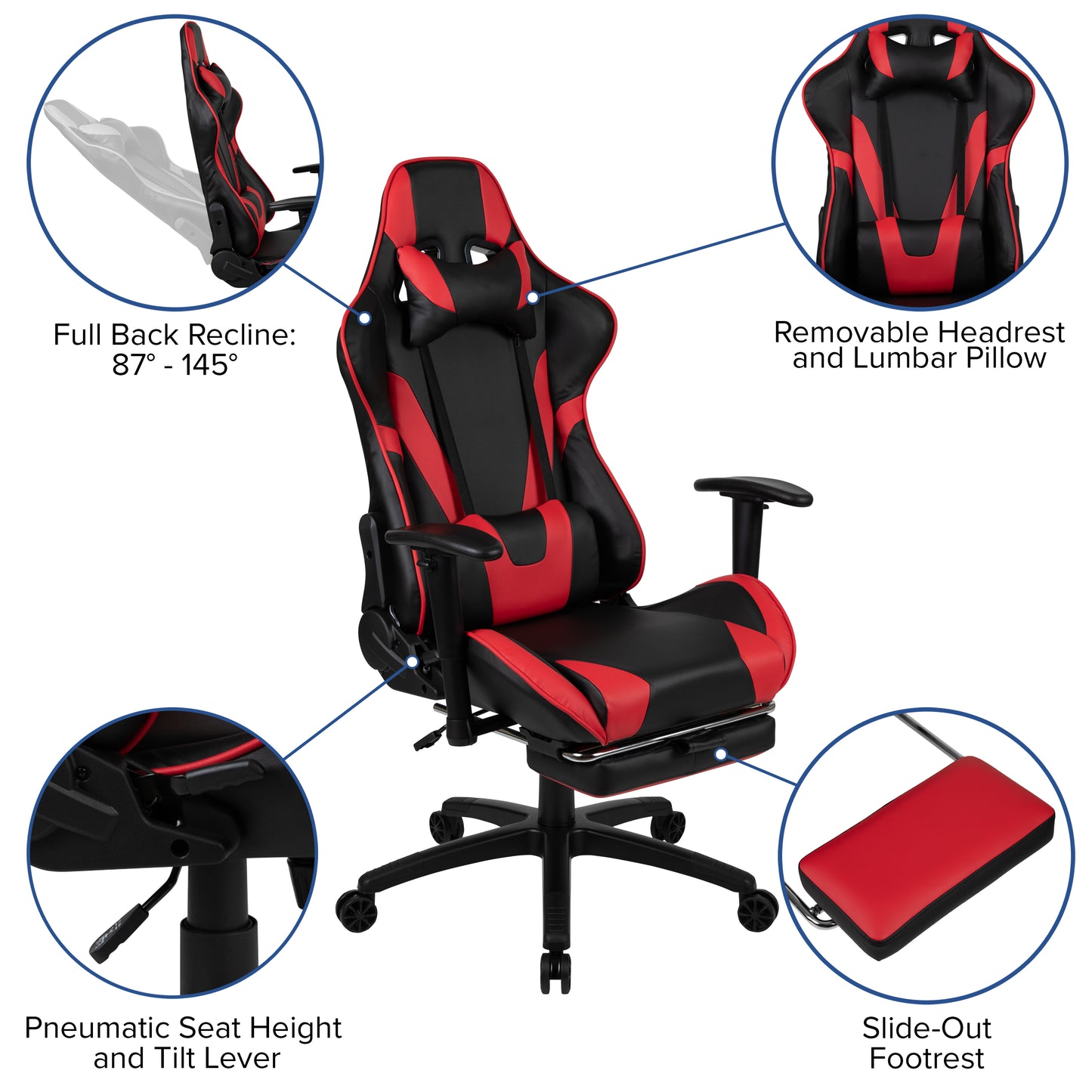 X30 Gaming Chair Racing Office Ergonomic Computer Chair with Fully Reclining Back and Slide-Out Footrest in Red LeatherSoft Red