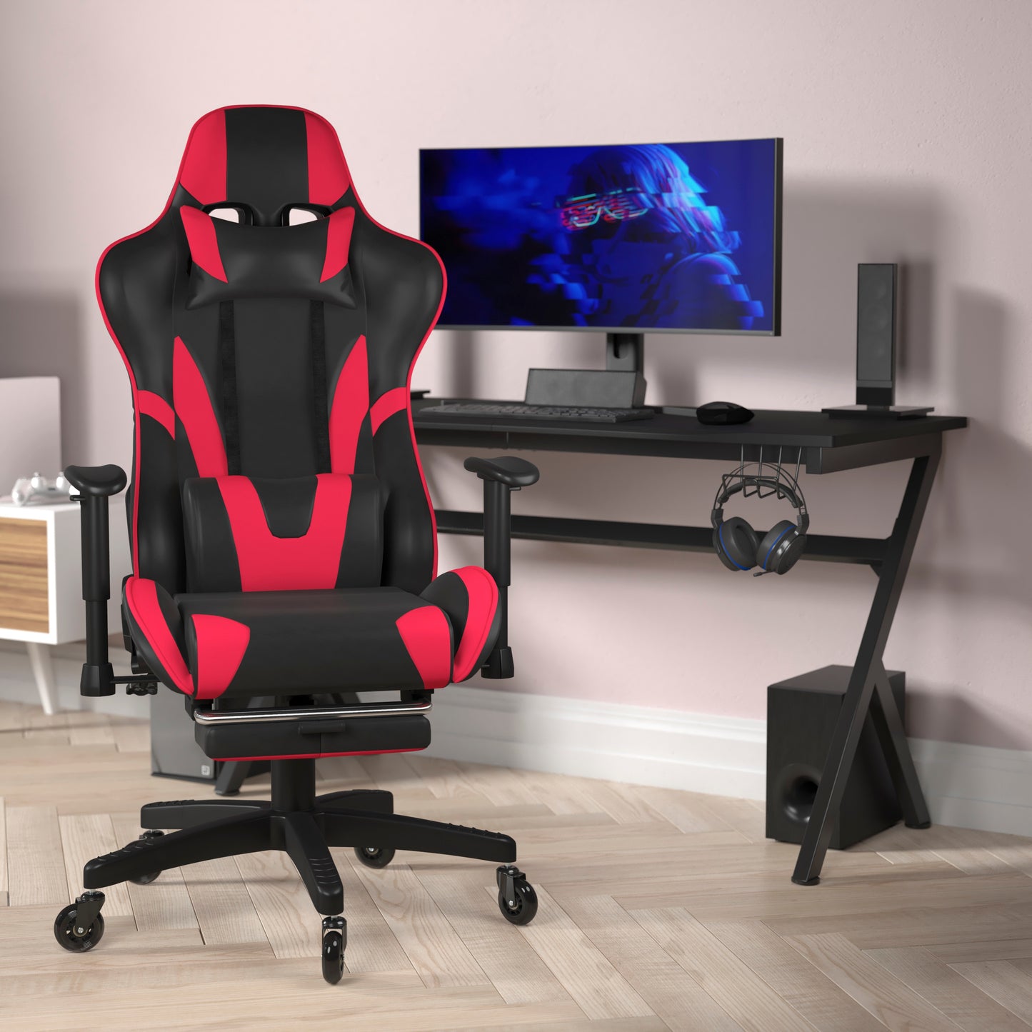 X30 Gaming Chair Racing Computer Chair with Reclining Back, Slide-Out Footrest, and Transparent Roller Wheels in Red LeatherSoft Red