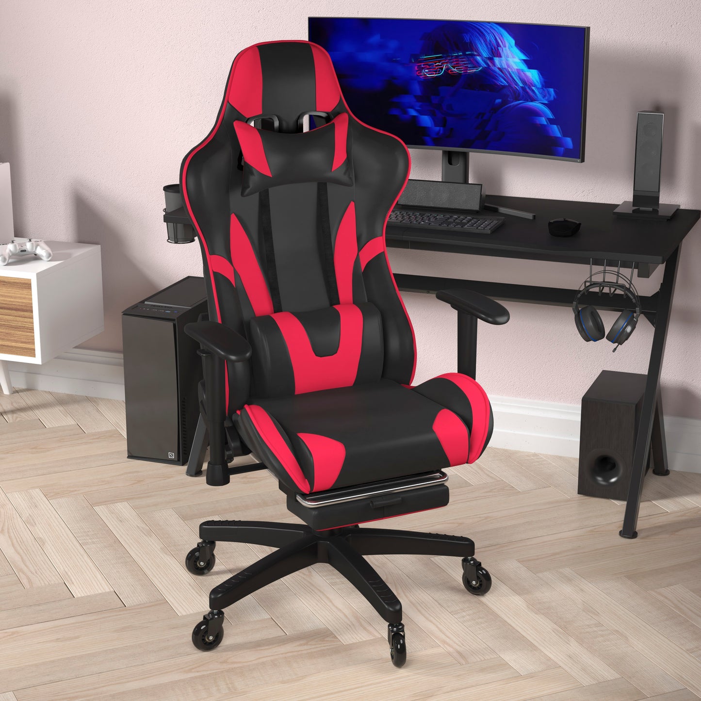 X30 Gaming Chair Racing Computer Chair with Reclining Back, Slide-Out Footrest, and Transparent Roller Wheels in Red LeatherSoft Red