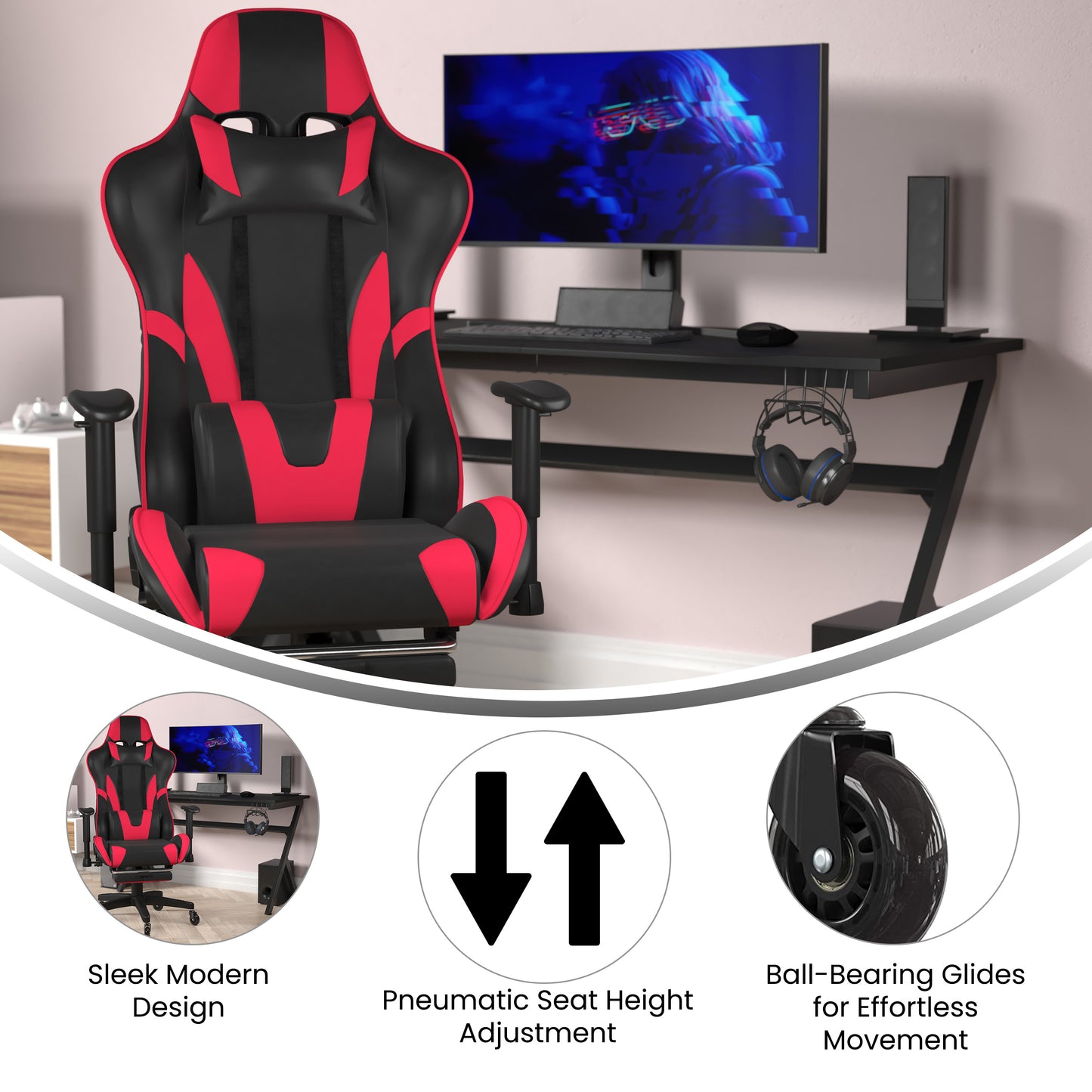 X30 Gaming Chair Racing Computer Chair with Reclining Back, Slide-Out Footrest, and Transparent Roller Wheels in Red LeatherSoft Red