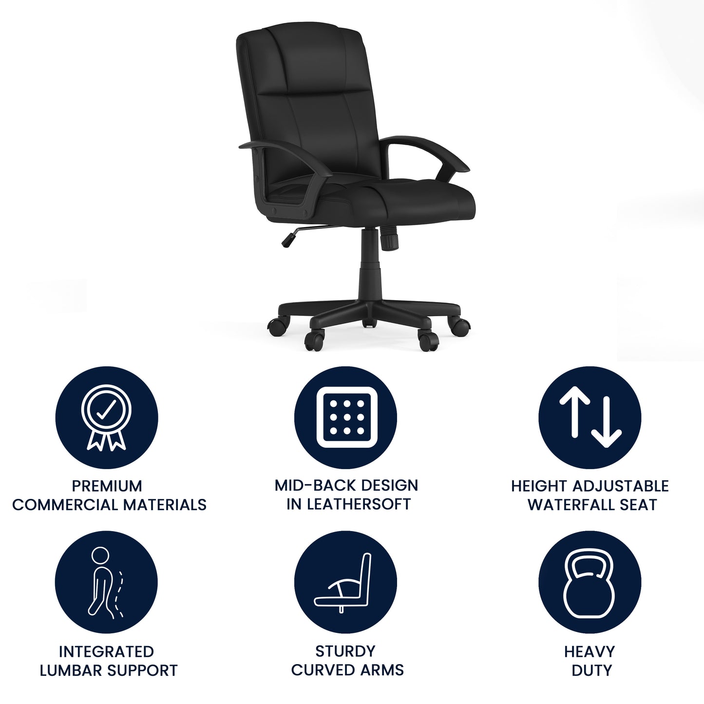 Coffman Flash Fundamentals Mid-Back Black LeatherSoft-Padded Task Office Chair with Arms Black