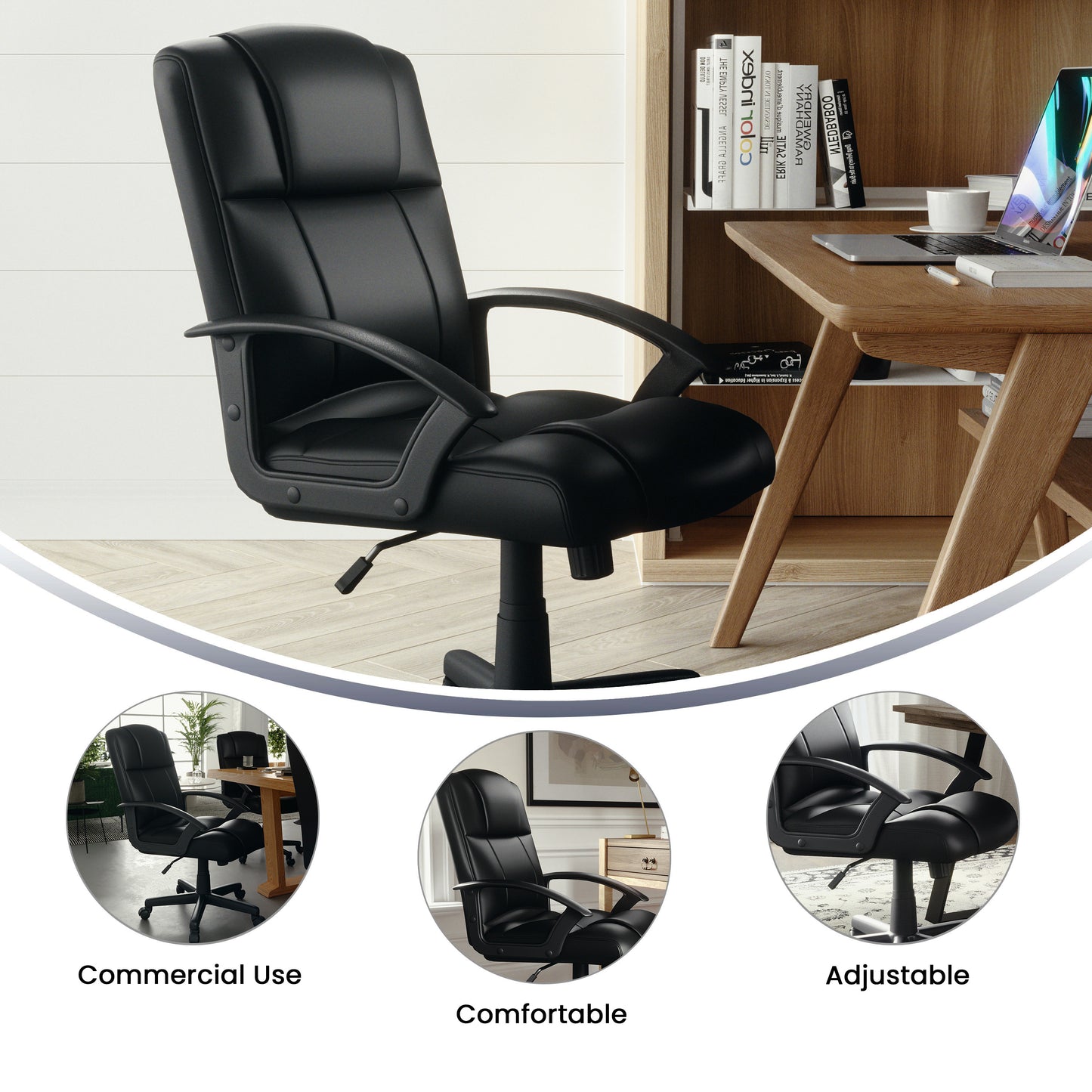 Coffman Flash Fundamentals Mid-Back Black LeatherSoft-Padded Task Office Chair with Arms Black
