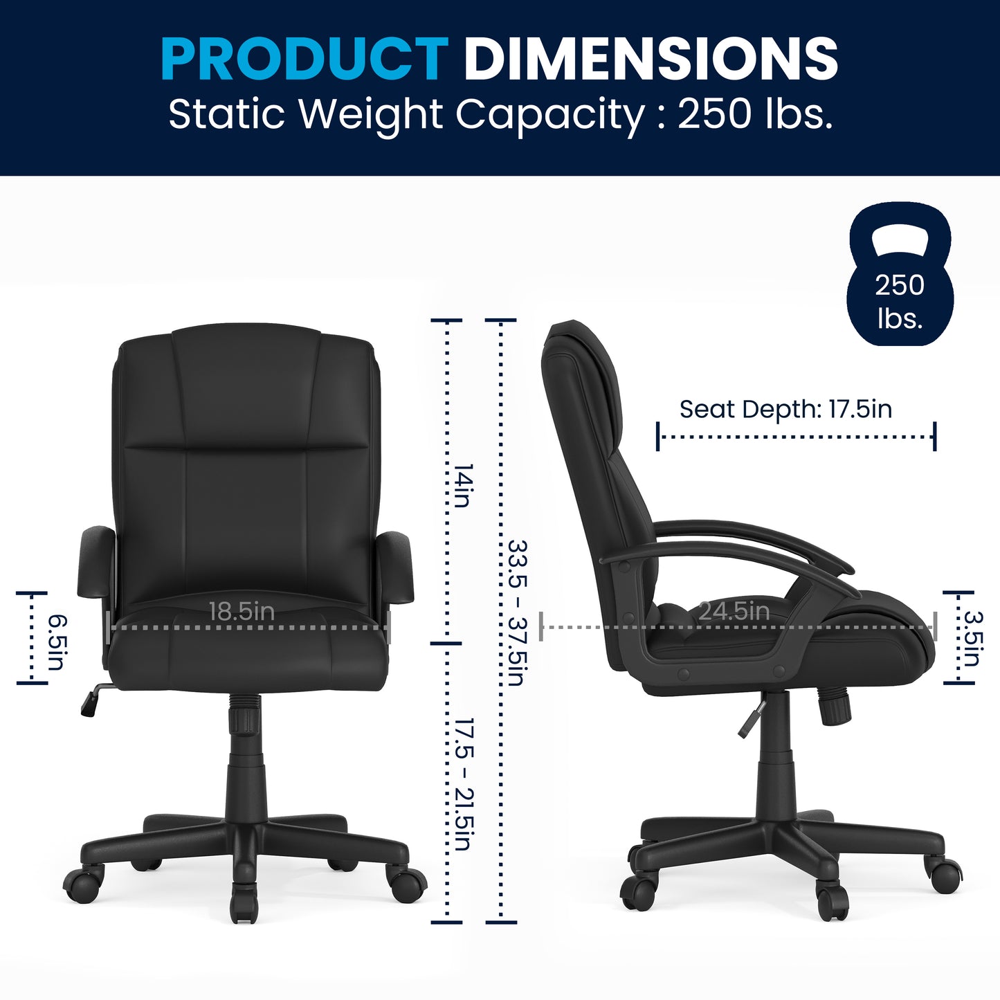 Coffman Flash Fundamentals Mid-Back Black LeatherSoft-Padded Task Office Chair with Arms Black