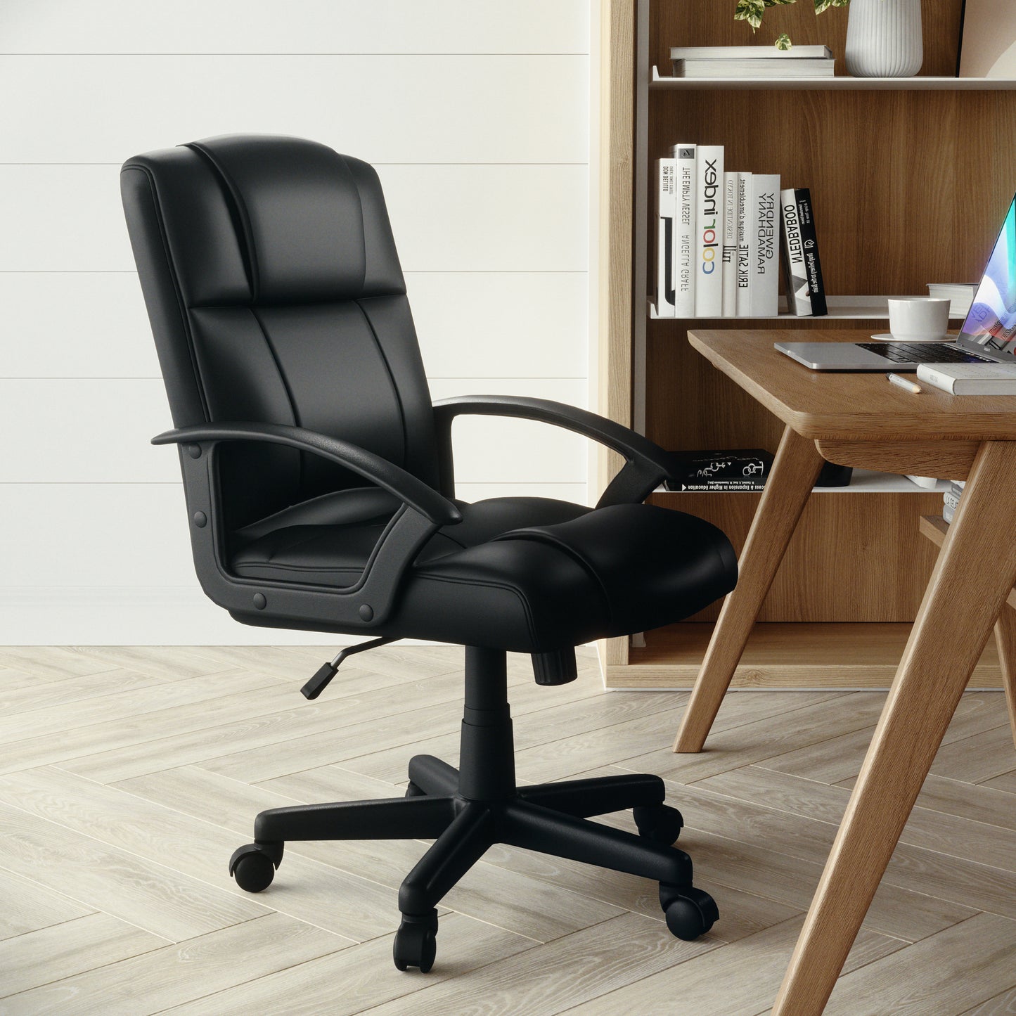Coffman Flash Fundamentals Mid-Back Black LeatherSoft-Padded Task Office Chair with Arms Black