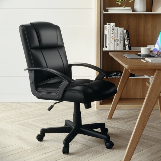 Coffman Flash Fundamentals Mid-Back Black LeatherSoft-Padded Task Office Chair with Arms Black CH-197220X000-BK-GG