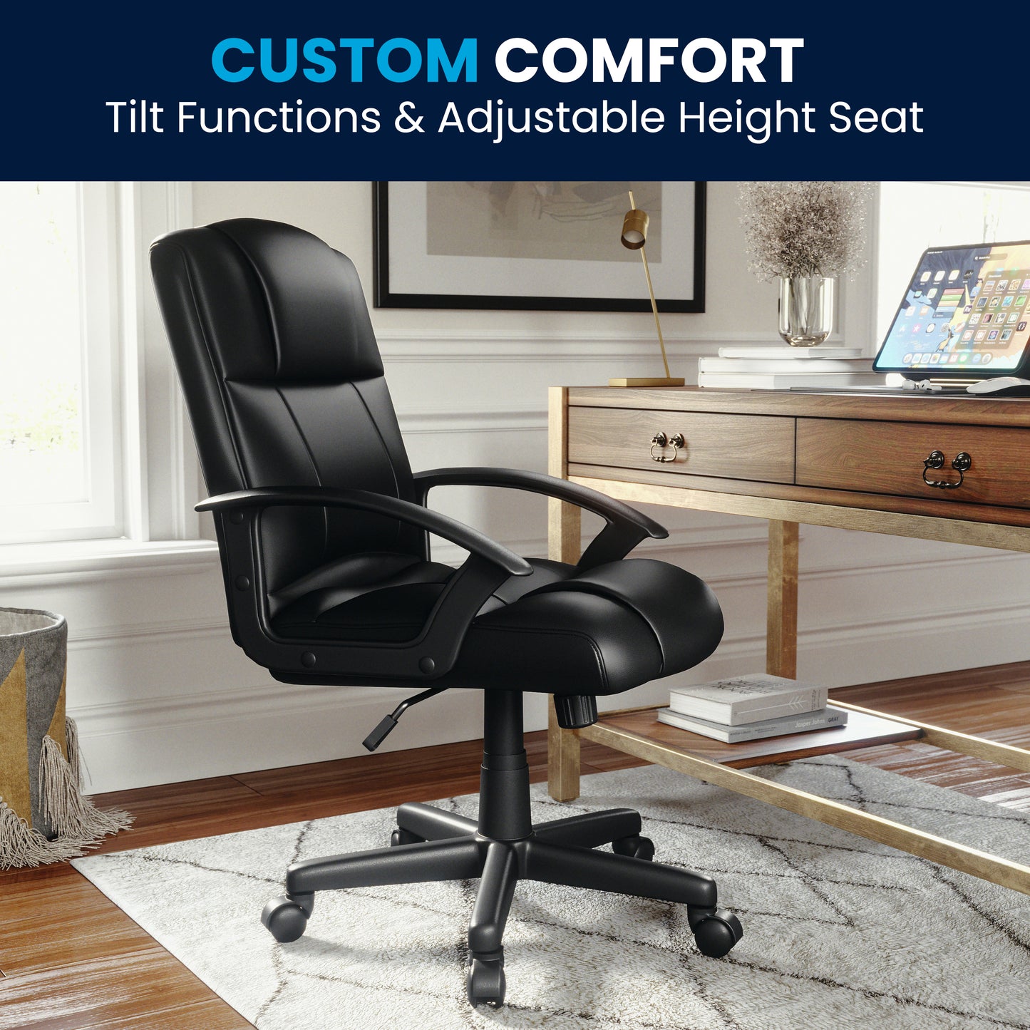 Coffman Flash Fundamentals Mid-Back Black LeatherSoft-Padded Task Office Chair with Arms Black