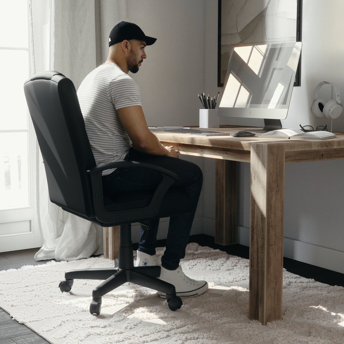 Coffman Flash Fundamentals Mid-Back Black LeatherSoft-Padded Task Office Chair with Arms Black