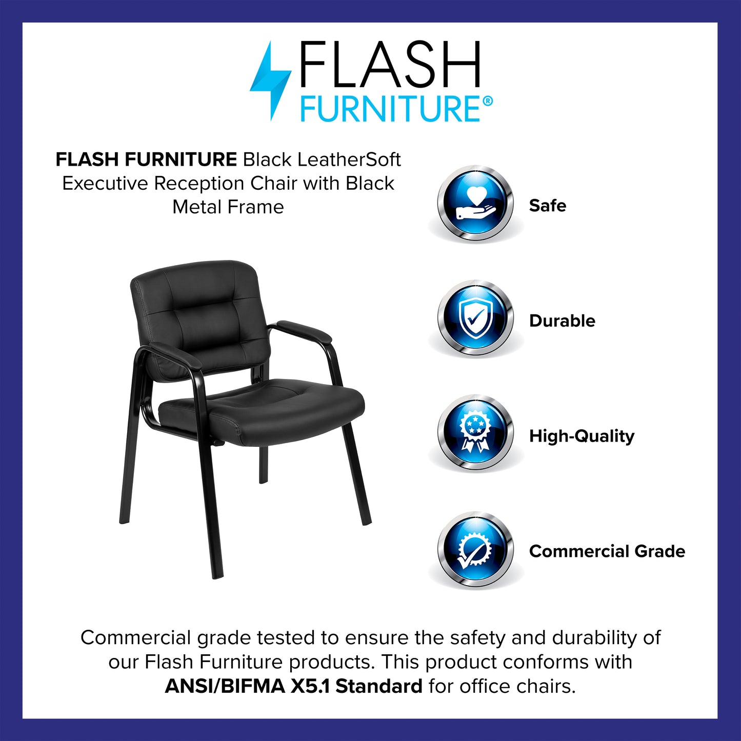 Darwin Flash Fundamentals Black LeatherSoft Executive Reception Chair with Black Metal Frame Black