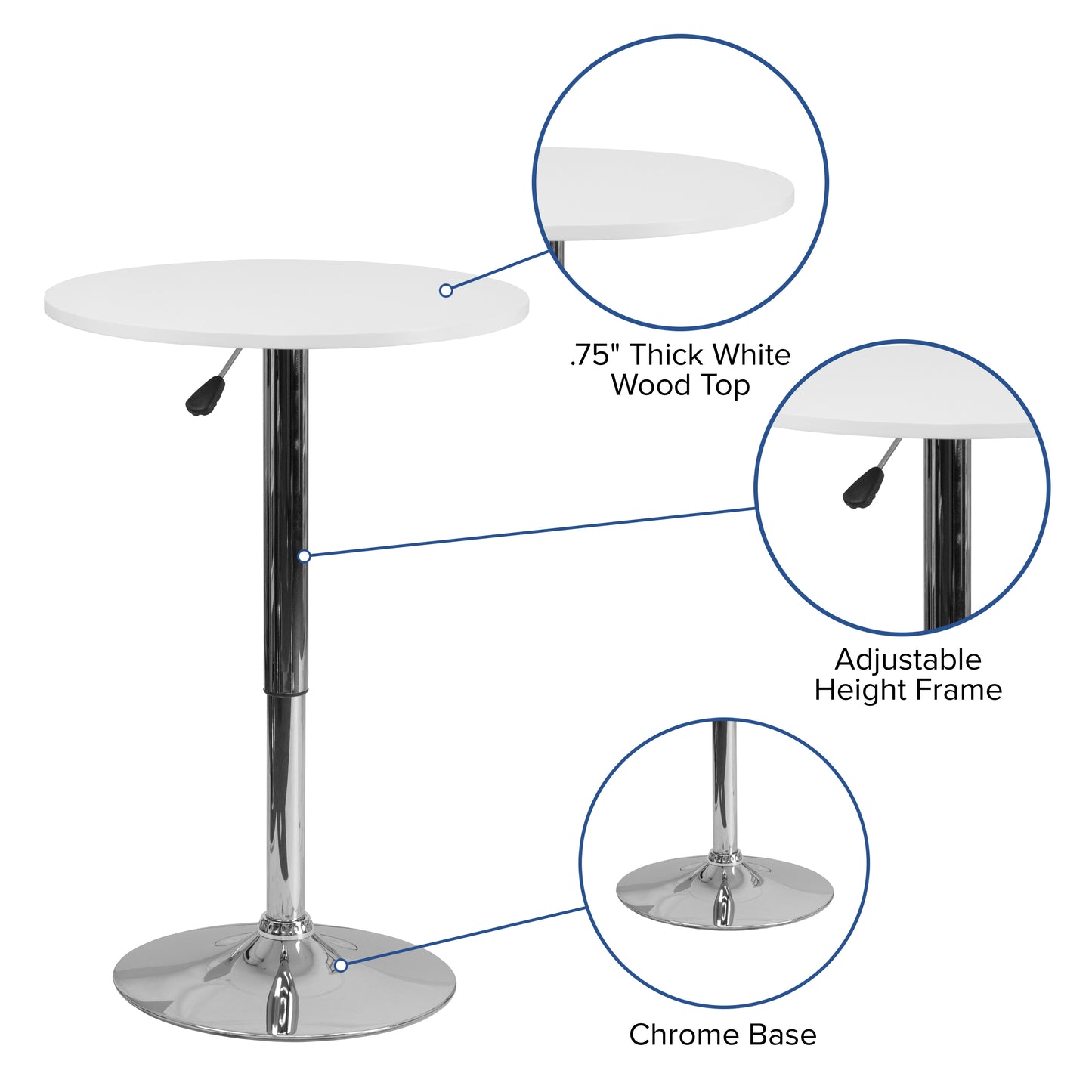 Pearl 23.75'' Round Adjustable Height White Wood Table (Adjustable Range 26.25'' - 35.75'') White