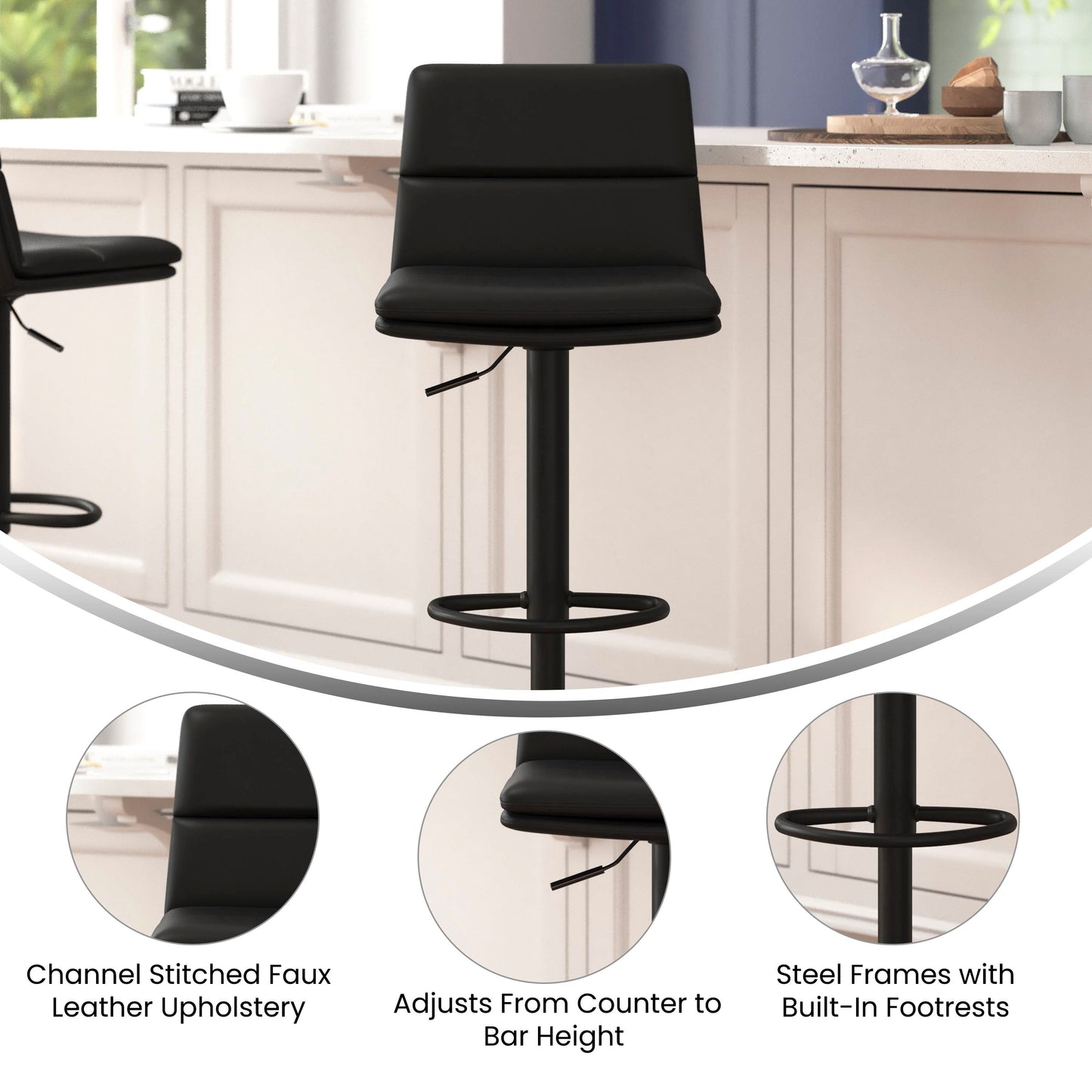 Hughes Commercial Grade Modern Mid-Back Adjustable Height LeatherSoft Channel Stitched Barstools, Set of 2, Black Black