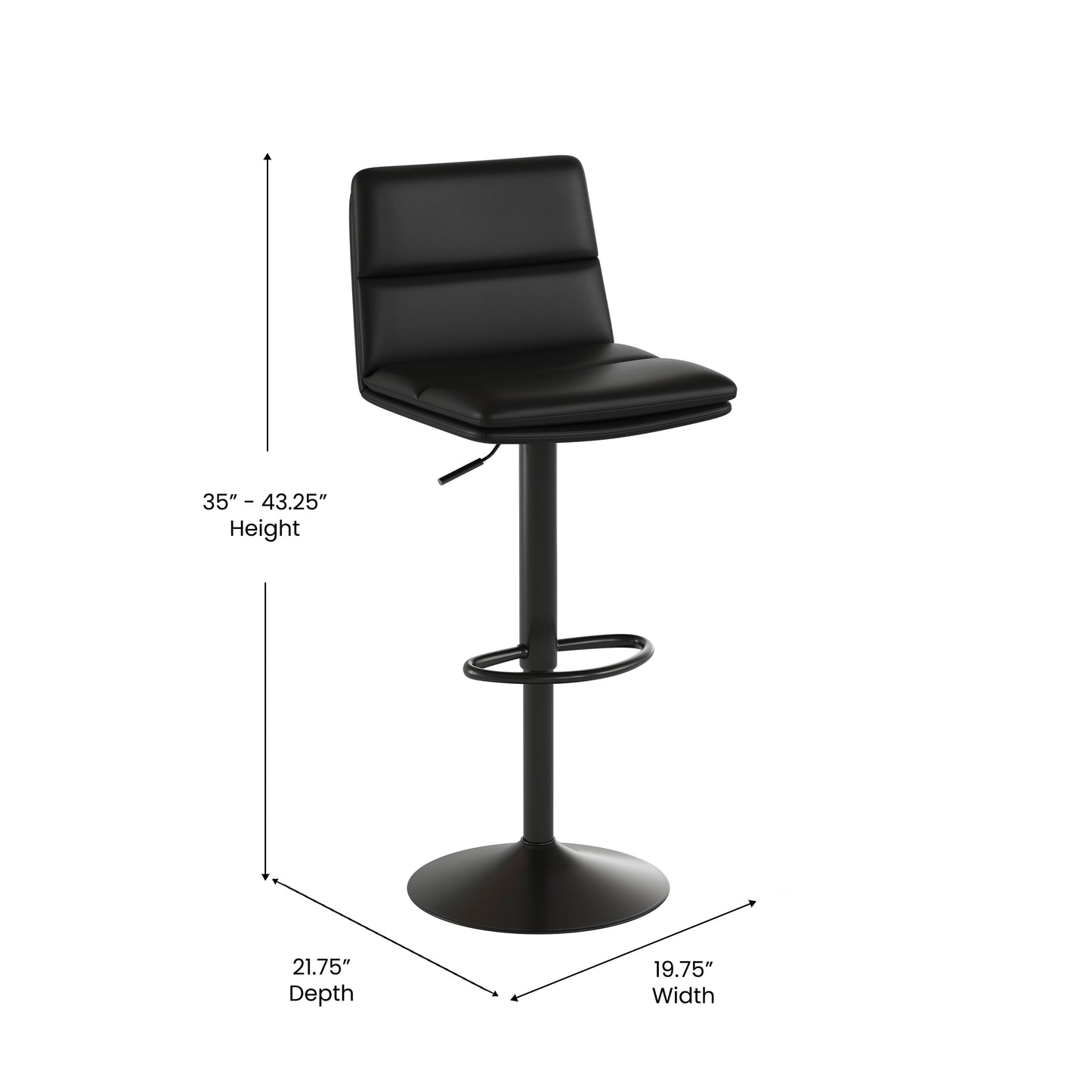 Hughes Commercial Grade Modern Mid-Back Adjustable Height LeatherSoft Channel Stitched Barstools, Set of 2, Black Black