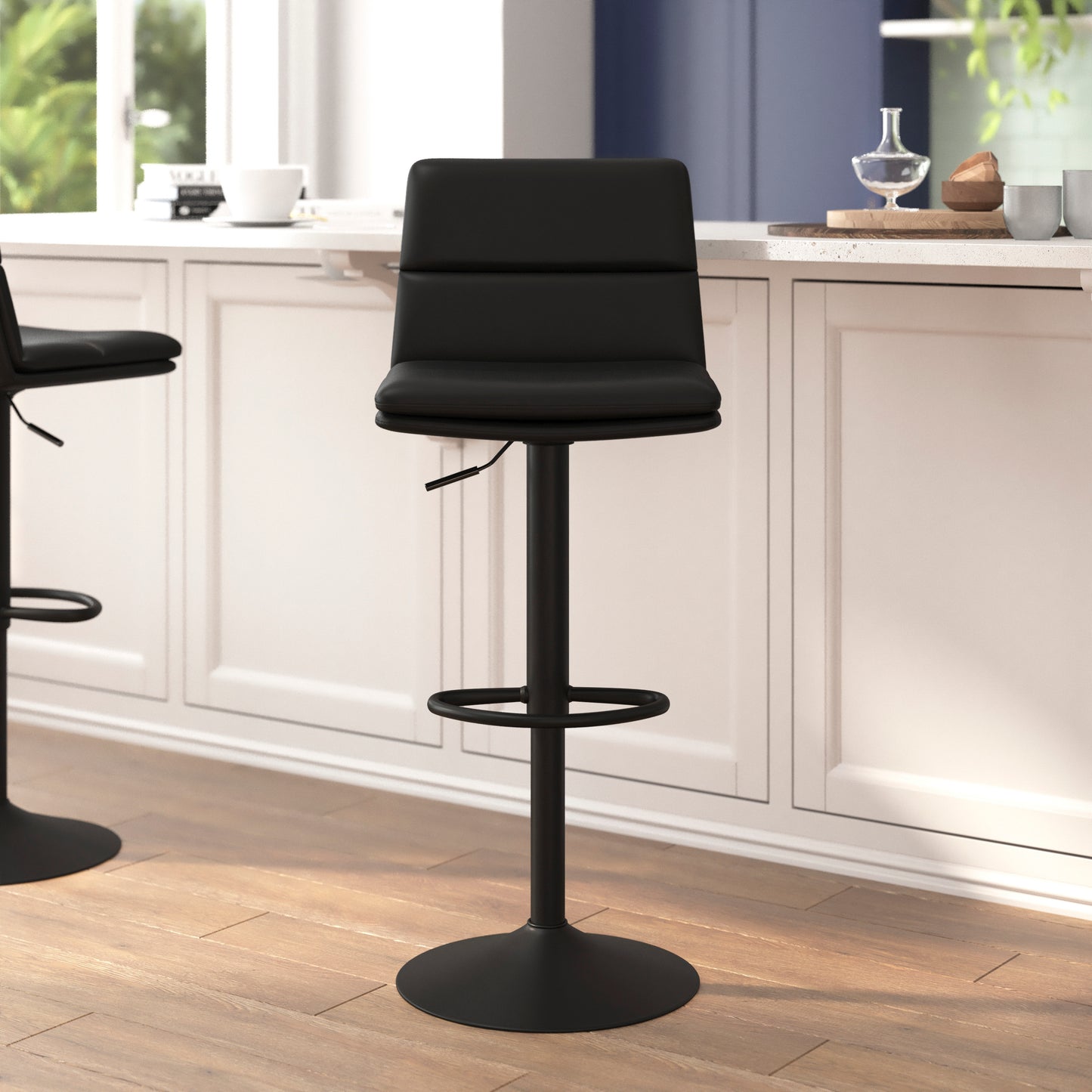 Hughes Commercial Grade Modern Mid-Back Adjustable Height LeatherSoft Channel Stitched Barstools, Set of 2, Black Black