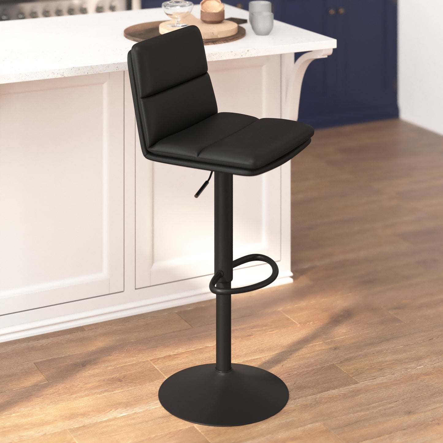 Hughes Commercial Grade Modern Mid-Back Adjustable Height LeatherSoft Channel Stitched Barstools, Set of 2, Black Black