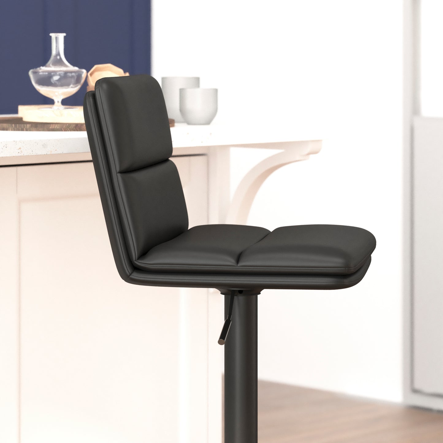 Hughes Commercial Grade Modern Mid-Back Adjustable Height LeatherSoft Channel Stitched Barstools, Set of 2, Black Black