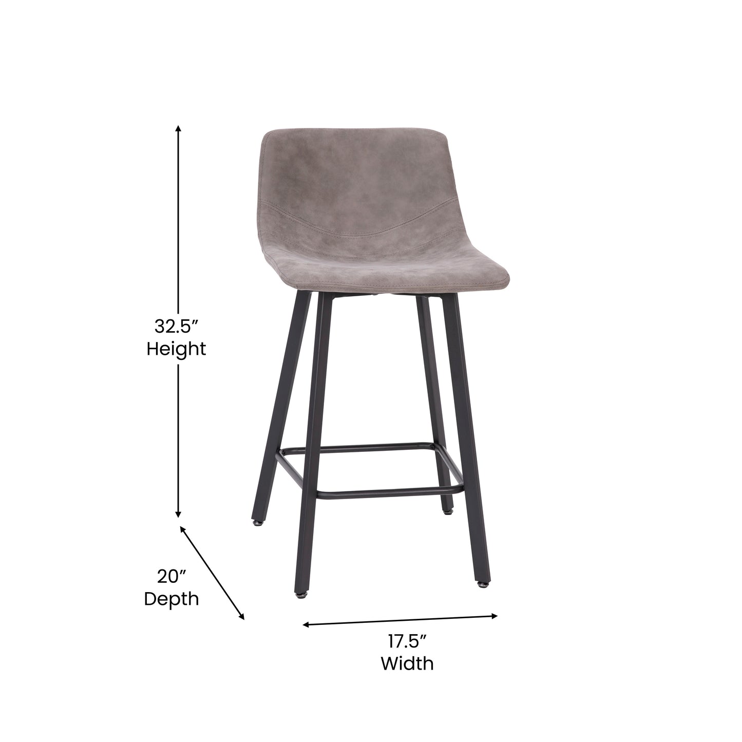 Caleb Modern Armless 24 Inch Counter Height Stools Commercial Grade with Footrests in Gray LeatherSoft and Black Matte Metal Frames, Set of 2 Gray LeatherSoft