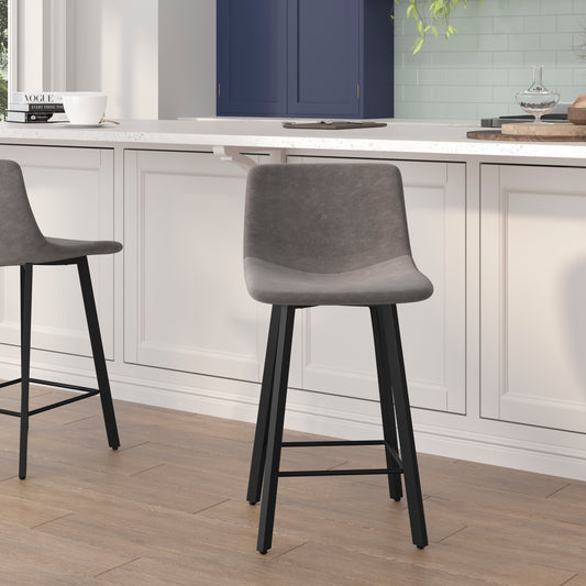 Caleb Modern Armless 24 Inch Counter Height Stools Commercial Grade with Footrests in Gray LeatherSoft and Black Matte Metal Frames, Set of 2 Gray LeatherSoft