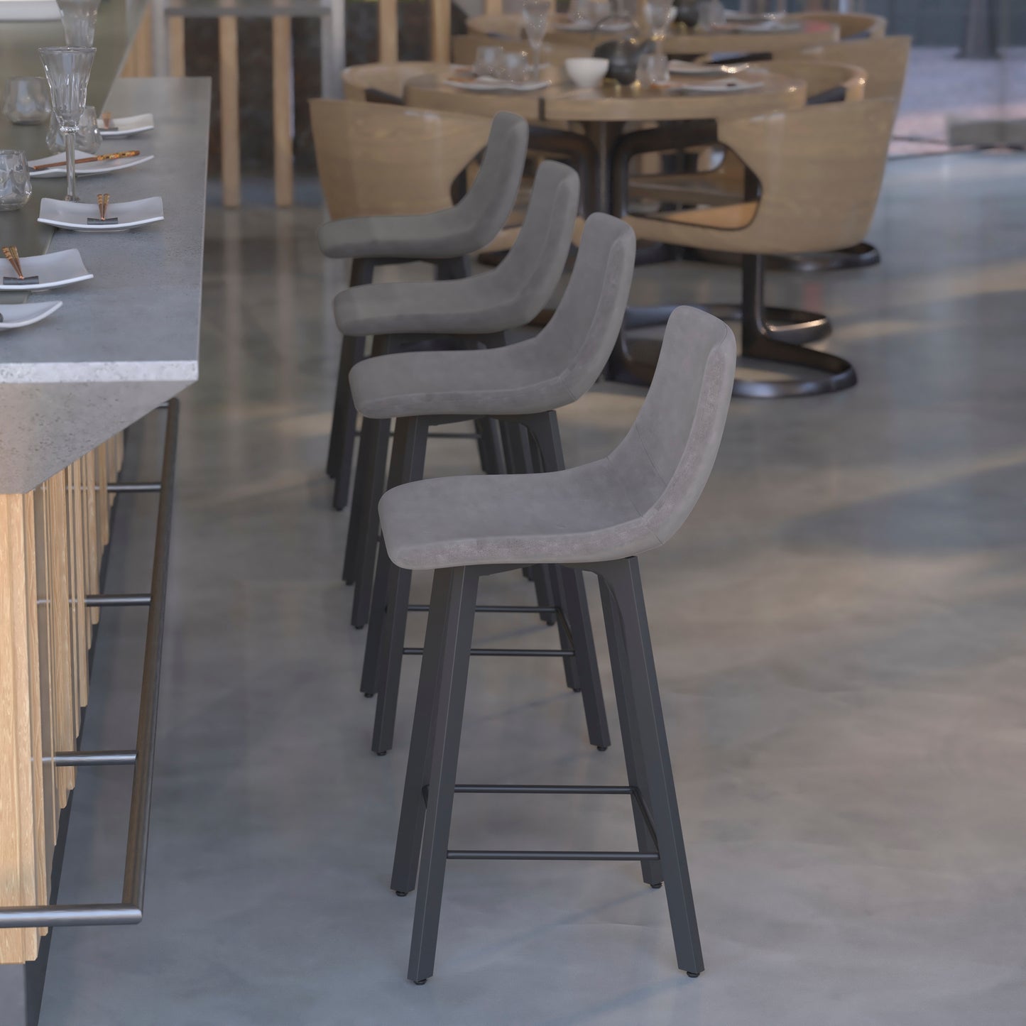 Caleb Modern Armless 24 Inch Counter Height Stools Commercial Grade with Footrests in Gray LeatherSoft and Black Matte Metal Frames, Set of 2 Gray LeatherSoft