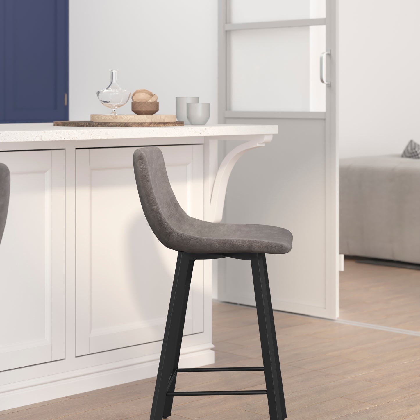 Caleb Modern Armless 24 Inch Counter Height Stools Commercial Grade with Footrests in Gray LeatherSoft and Black Matte Metal Frames, Set of 2 Gray LeatherSoft
