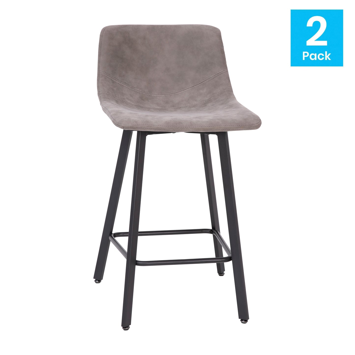 Caleb Modern Armless 24 Inch Counter Height Stools Commercial Grade with Footrests in Gray LeatherSoft and Black Matte Metal Frames, Set of 2 Gray LeatherSoft