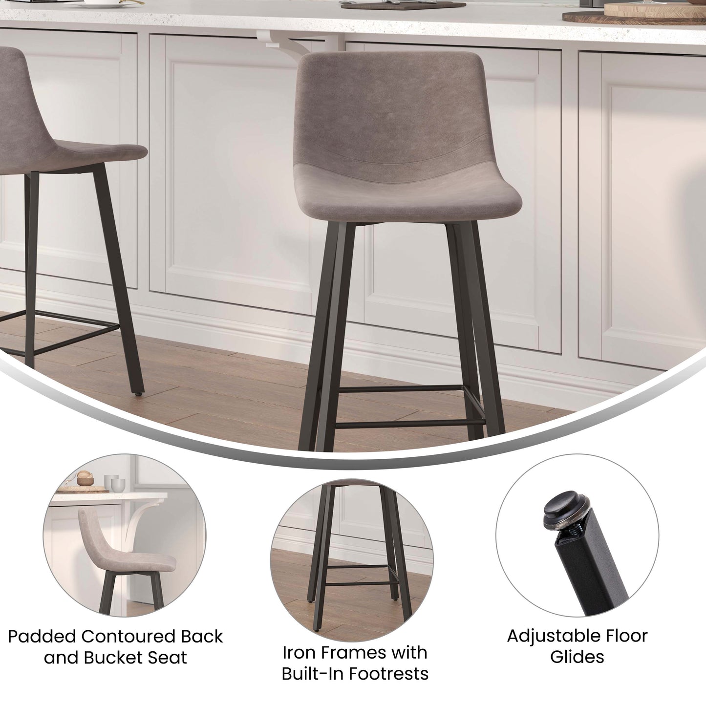 Caleb Modern Armless 24 Inch Counter Height Stools Commercial Grade with Footrests in Gray LeatherSoft and Black Matte Metal Frames, Set of 2 Gray LeatherSoft