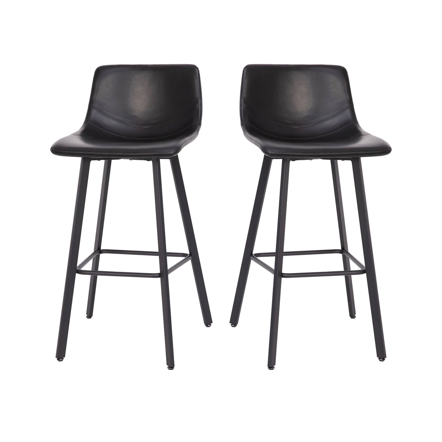 Caleb Modern Armless 30 Inch Bar Height Commercial Grade Barstools with Footrests in Black LeatherSoft and Black Matte Iron Frames, Set of 2 Black LeatherSoft