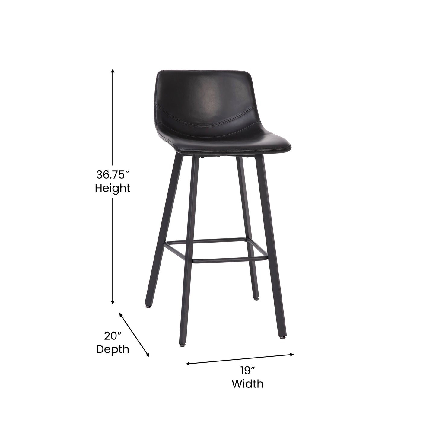 Caleb Modern Armless 30 Inch Bar Height Commercial Grade Barstools with Footrests in Black LeatherSoft and Black Matte Iron Frames, Set of 2 Black LeatherSoft