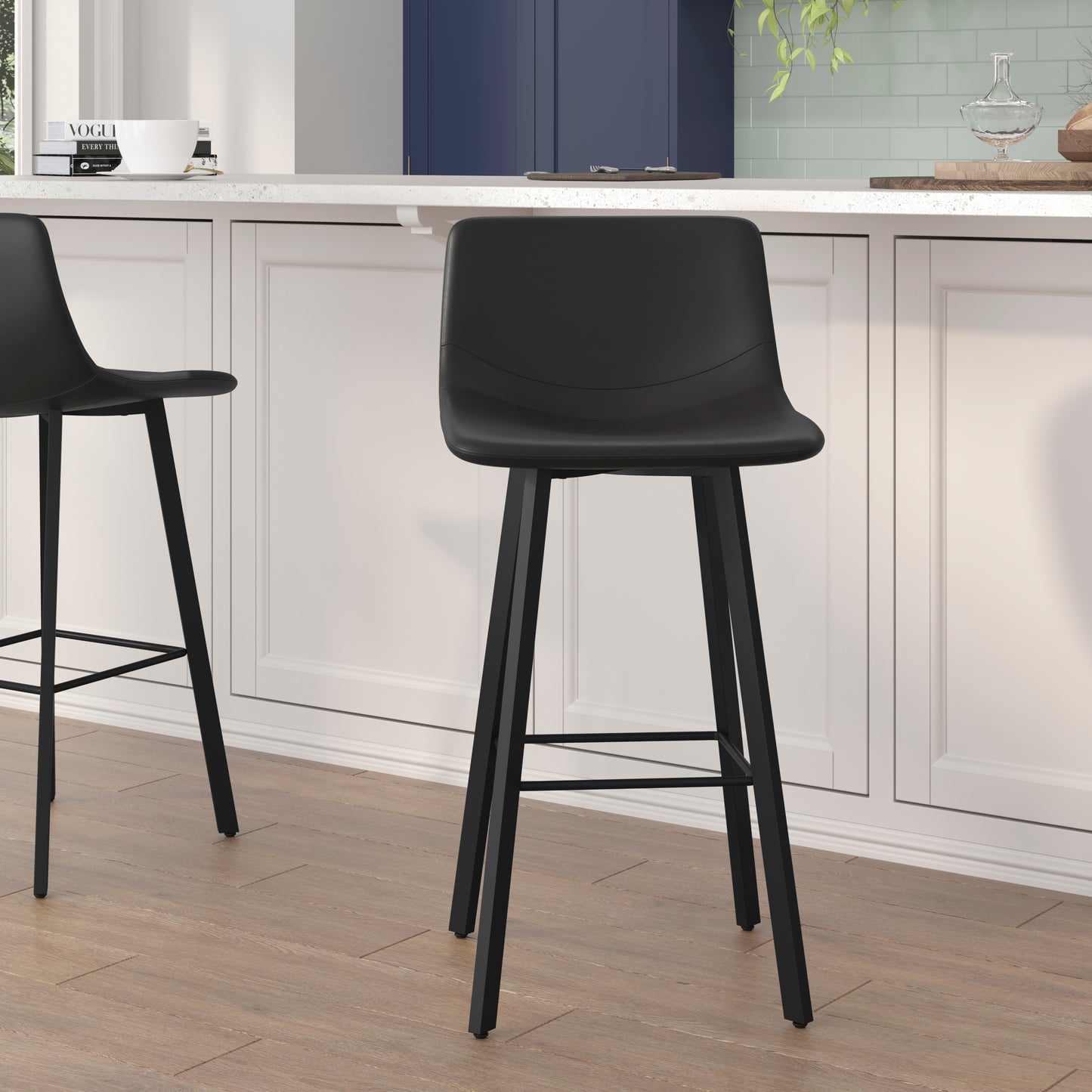 Caleb Modern Armless 30 Inch Bar Height Commercial Grade Barstools with Footrests in Black LeatherSoft and Black Matte Iron Frames, Set of 2 Black LeatherSoft