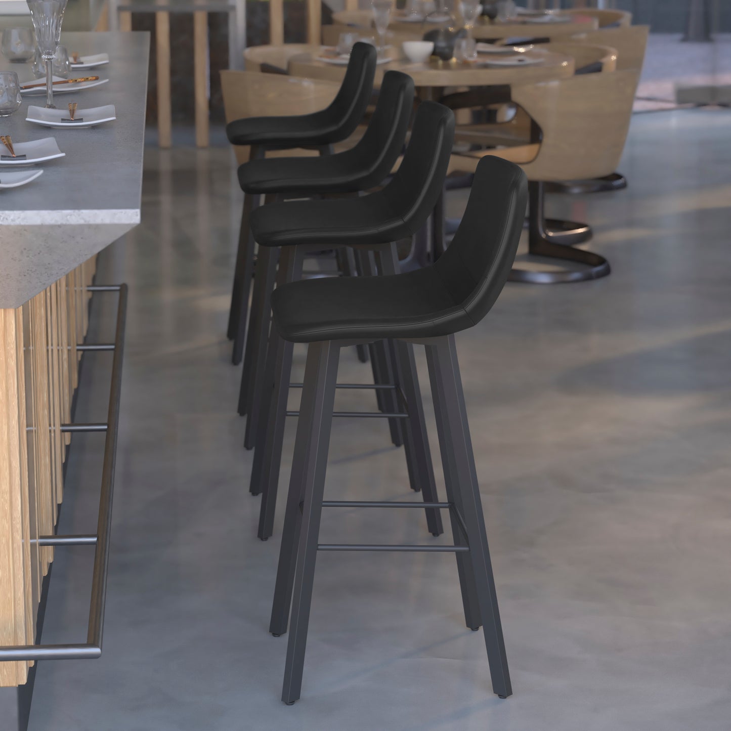 Caleb Modern Armless 30 Inch Bar Height Commercial Grade Barstools with Footrests in Black LeatherSoft and Black Matte Iron Frames, Set of 2 Black LeatherSoft