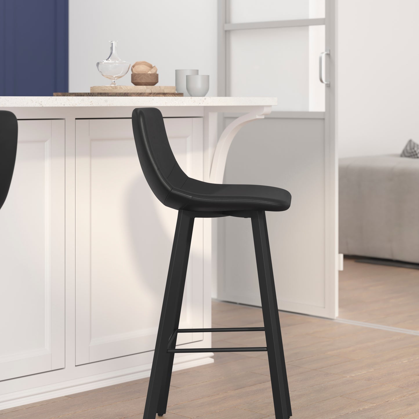 Caleb Modern Armless 30 Inch Bar Height Commercial Grade Barstools with Footrests in Black LeatherSoft and Black Matte Iron Frames, Set of 2 Black LeatherSoft