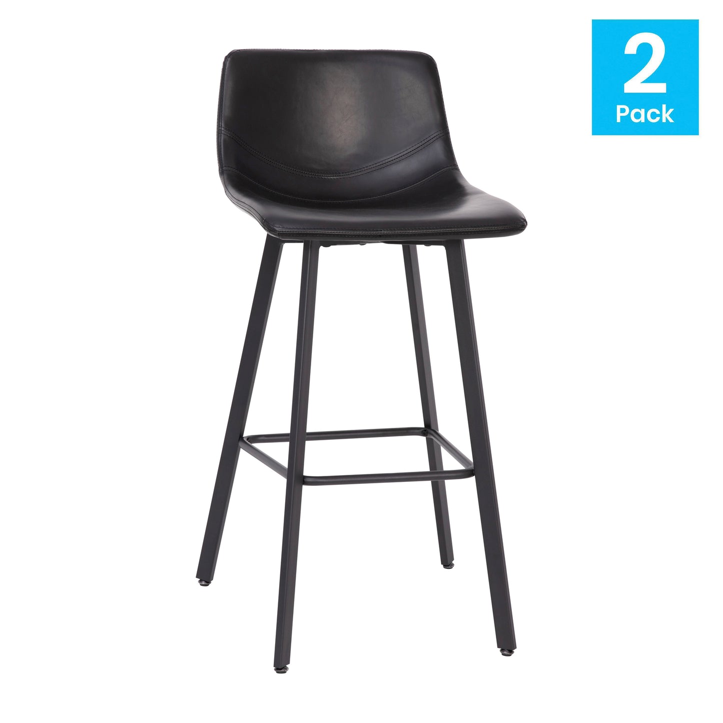 Caleb Modern Armless 30 Inch Bar Height Commercial Grade Barstools with Footrests in Black LeatherSoft and Black Matte Iron Frames, Set of 2 Black LeatherSoft