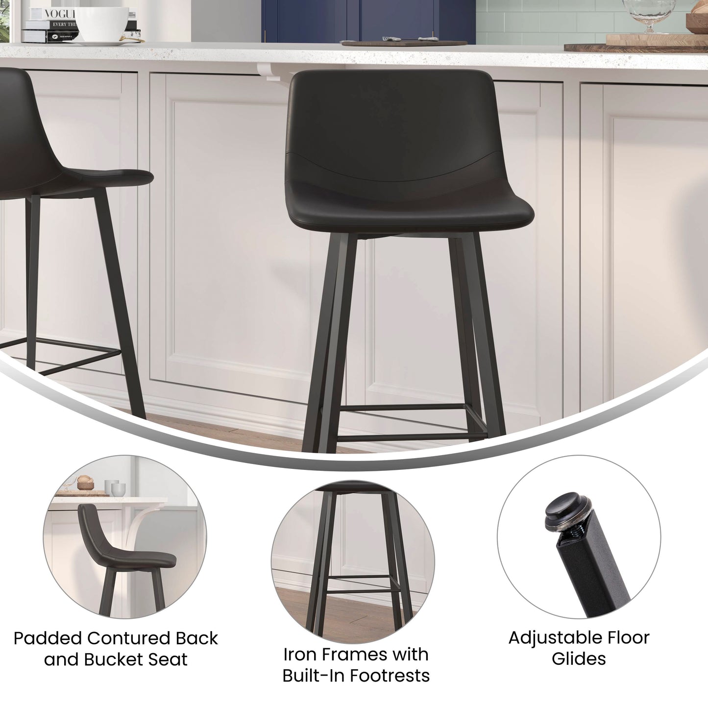 Caleb Modern Armless 30 Inch Bar Height Commercial Grade Barstools with Footrests in Black LeatherSoft and Black Matte Iron Frames, Set of 2 Black LeatherSoft