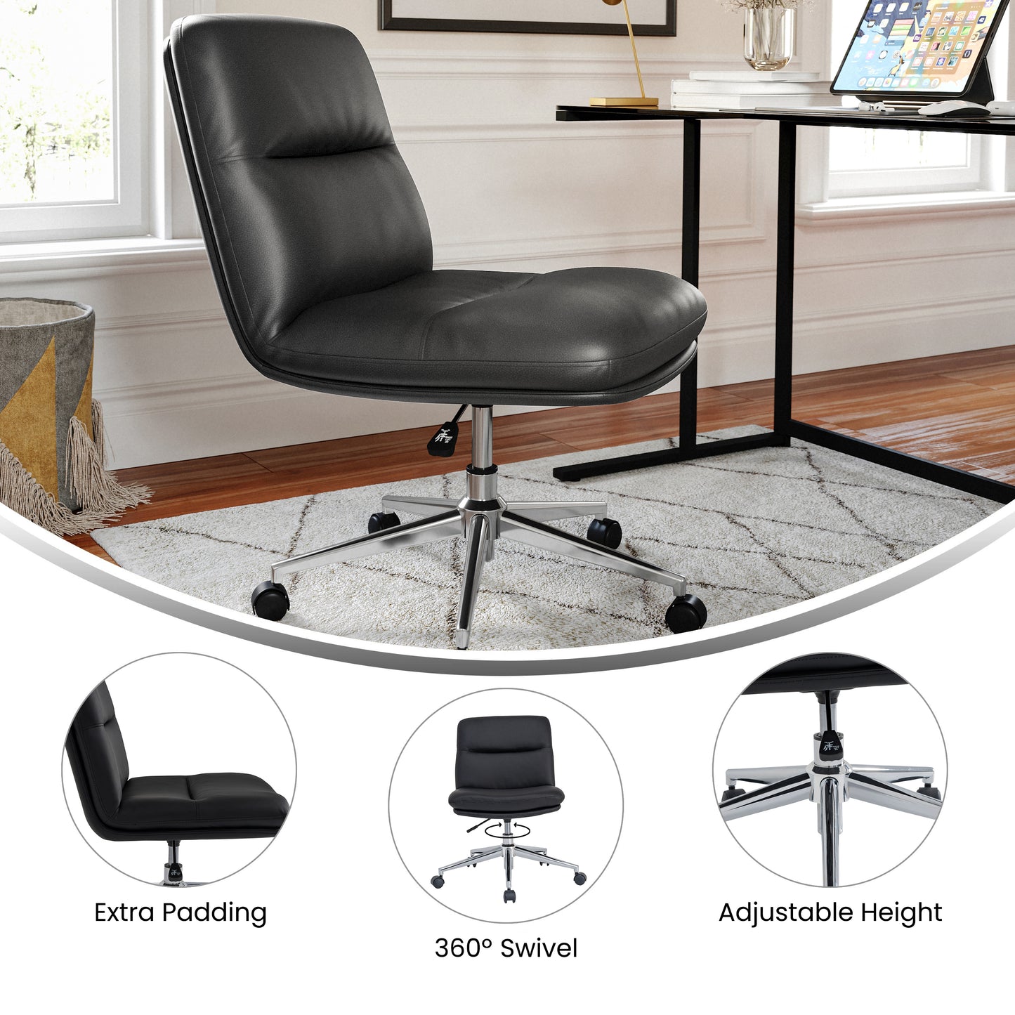 Chloe Commercial Mid-Back Black Padded LeatherSoft Armless Task Office Chair with Wheels, Adjustable Height, Swivel Function, and Chrome Frame Black LeatherSoft/Chrome Frame