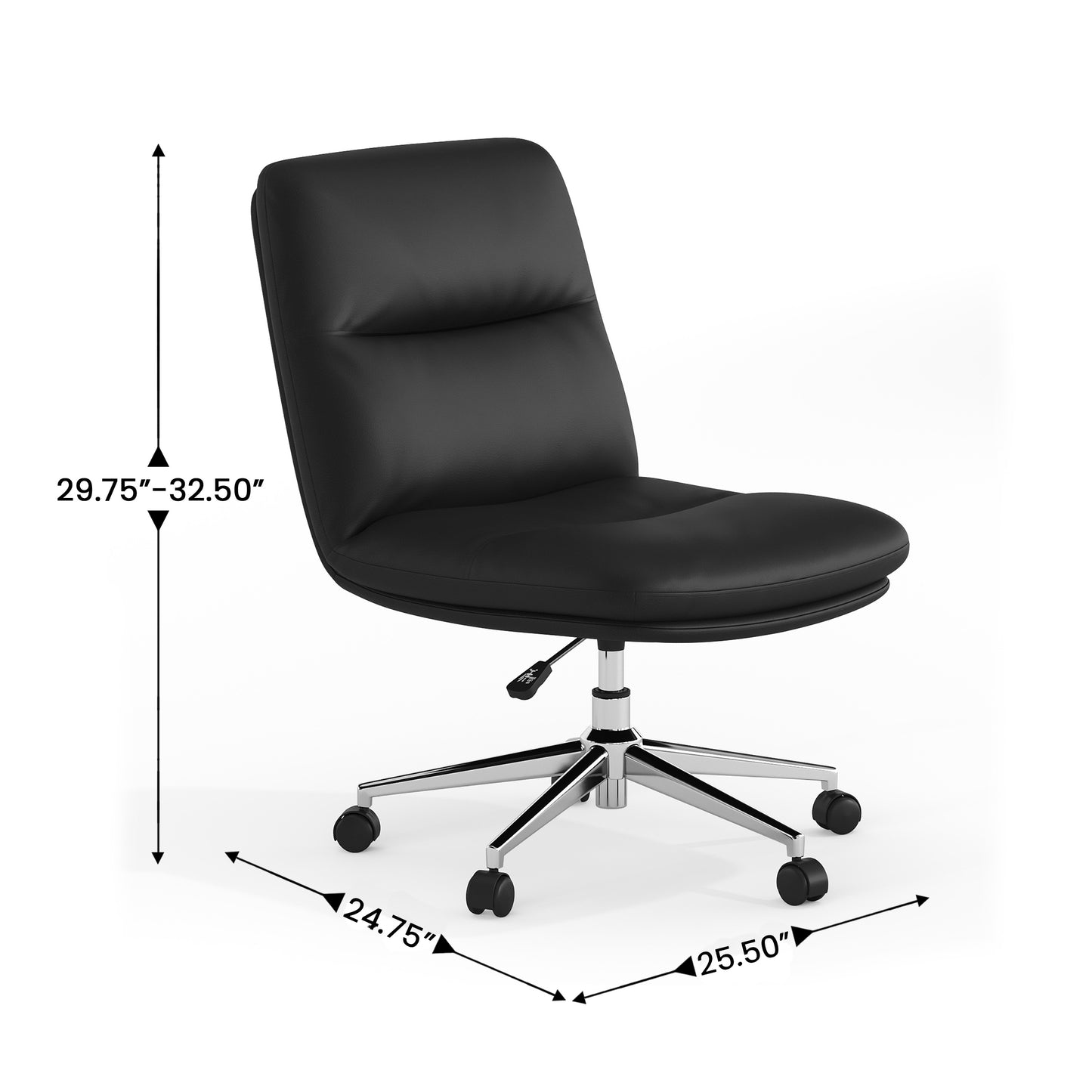 Chloe Commercial Mid-Back Black Padded LeatherSoft Armless Task Office Chair with Wheels, Adjustable Height, Swivel Function, and Chrome Frame Black LeatherSoft/Chrome Frame
