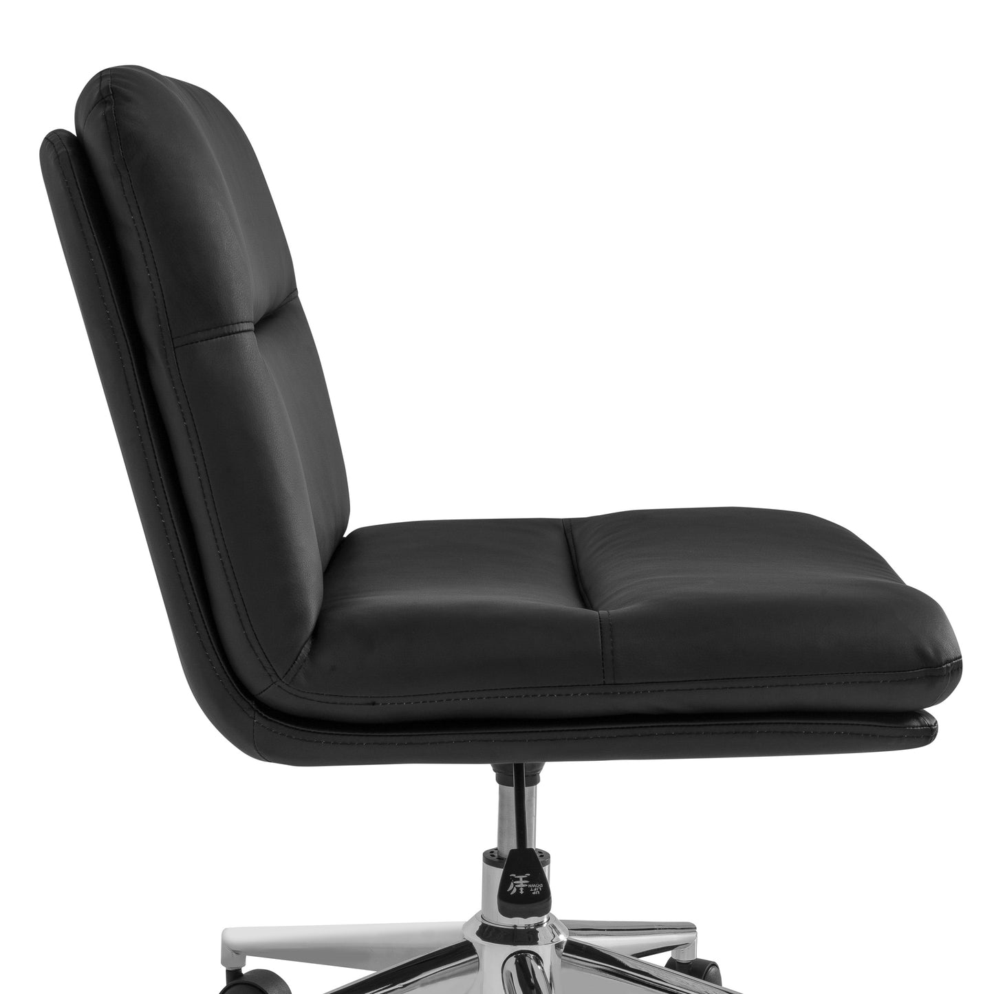 Chloe Commercial Mid-Back Black Padded LeatherSoft Armless Task Office Chair with Wheels, Adjustable Height, Swivel Function, and Chrome Frame Black LeatherSoft/Chrome Frame
